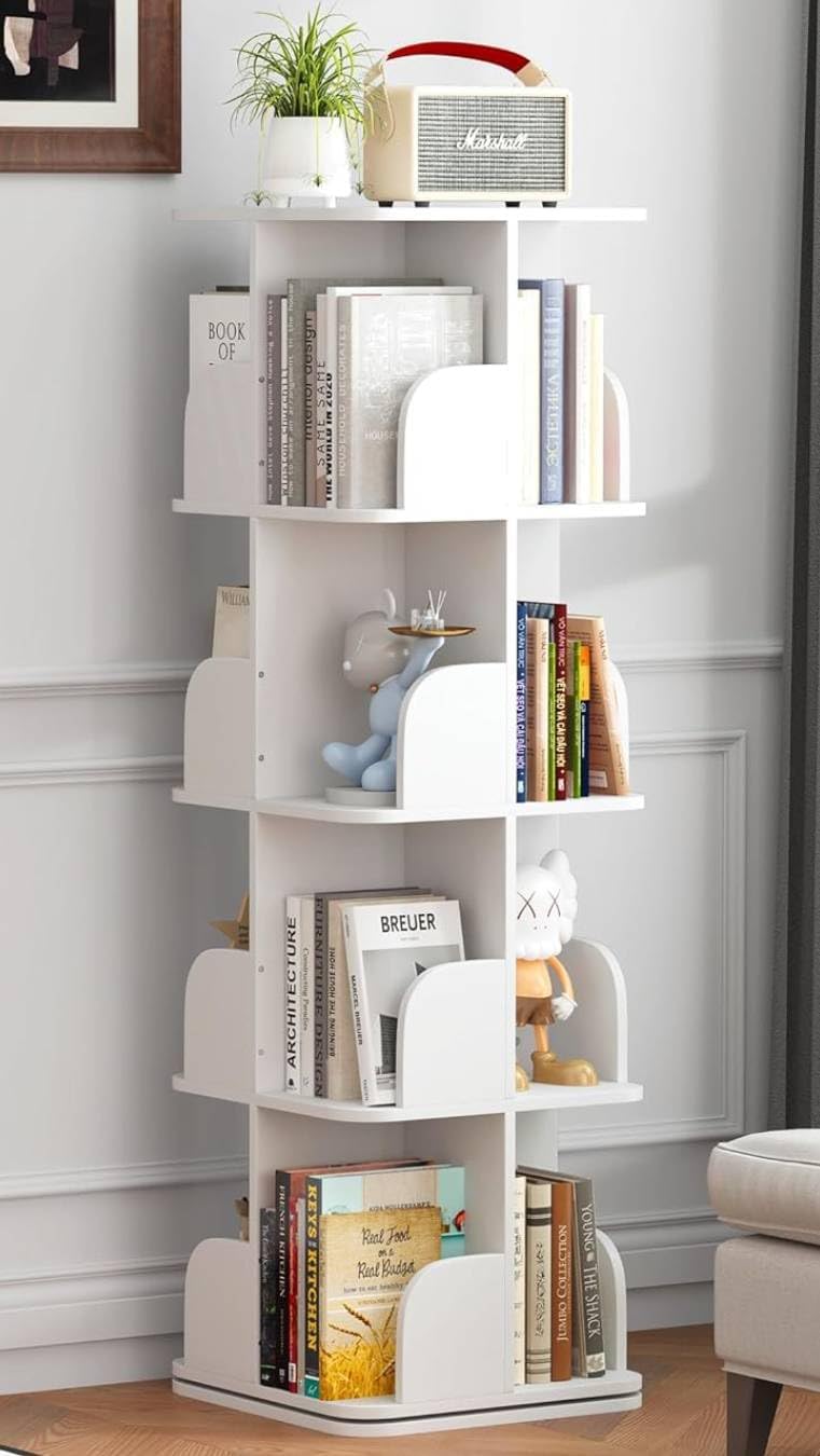 Rotating Bookshelf Tower, 4 Tier Small Spinning Corner Bookshelf for Small Spaces, 360 Display Kids Bookshelves Floor Standing Bookcase Storage Rack Wood Book Shelf Organizer for Bedroom Room, White