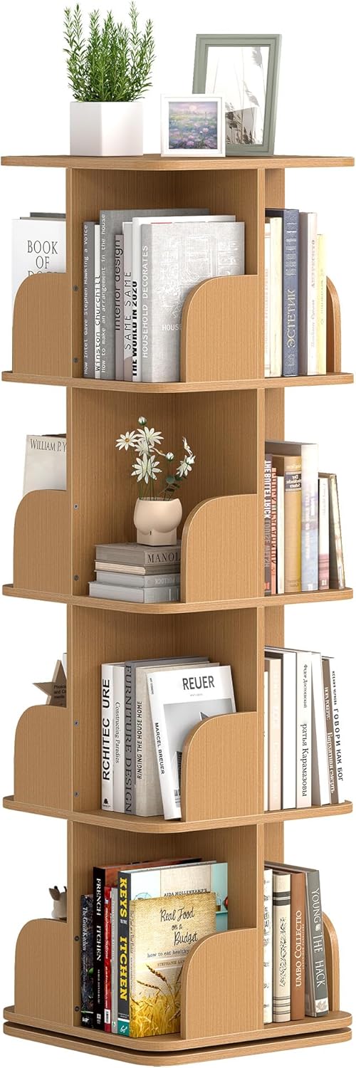 Rotating Bookshelf Tower, 4 Tier Small Spinning Corner Bookshelf for Small Spaces, 360 Display Kids Bookshelves Floor Standing Bookcase Storage Rack Wood Book Shelf Organizer for Bedroom Room, White