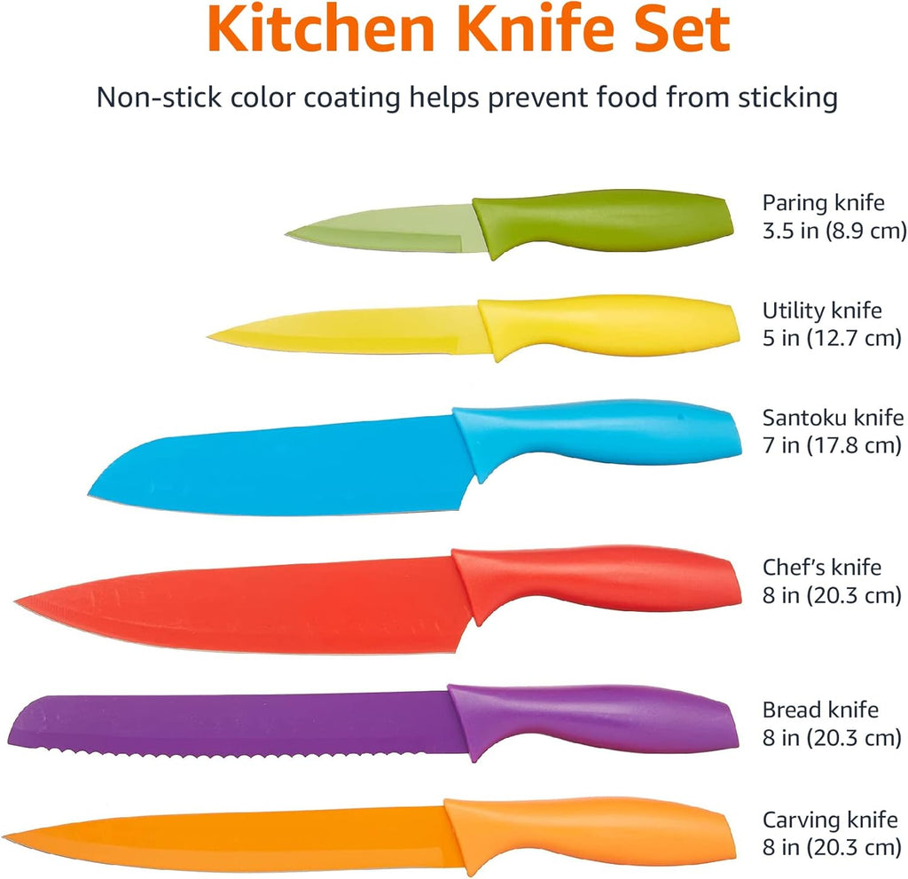 Basics Color-Coded Dishwasher Safe Kitchen 12-Piece Knife Set, 6 Knives with 6 Blade Guards, Multicolor, 13.88 x 4.13 x 1.38 inch