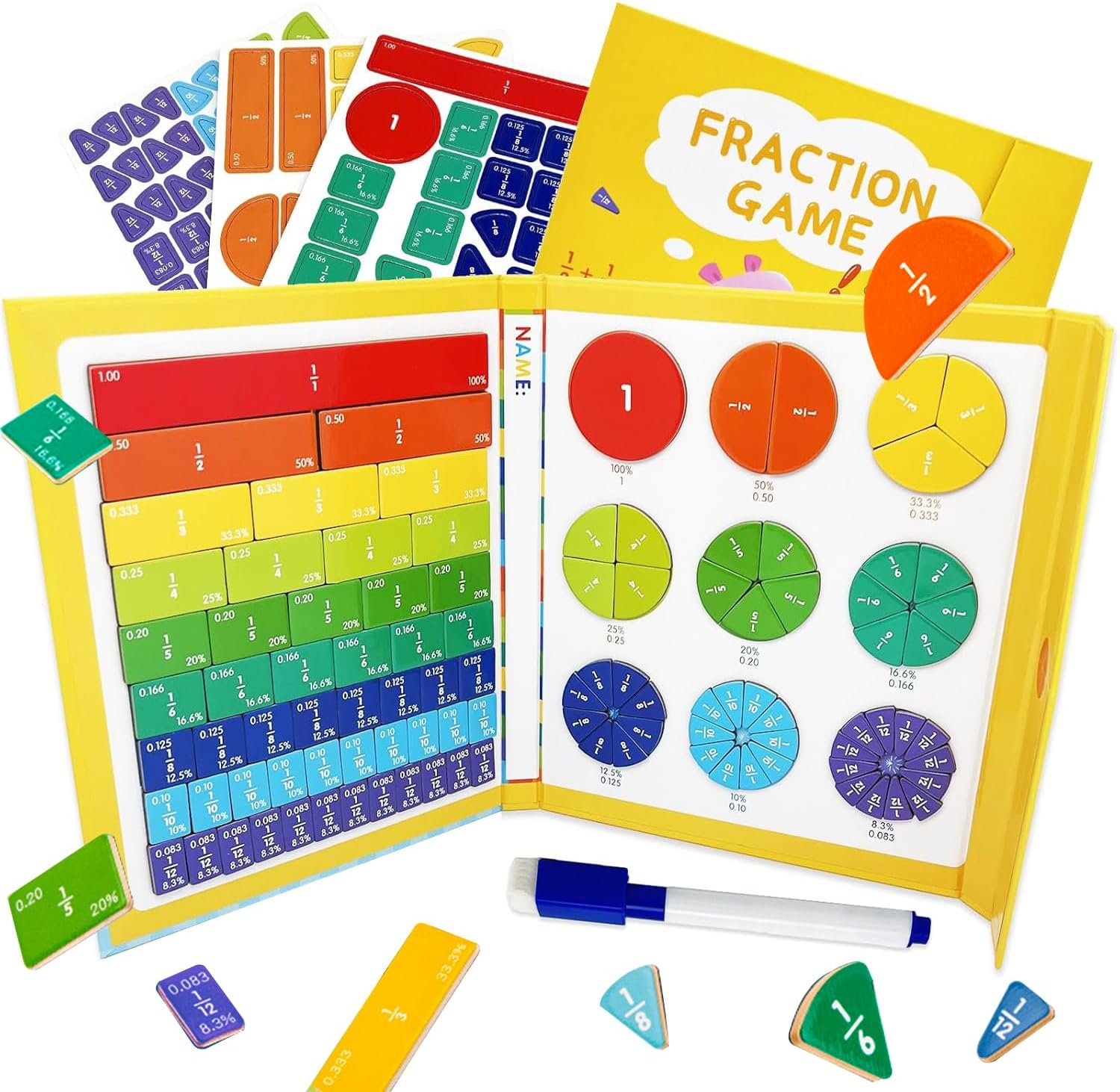 Magnetic Fraction Educational Puzzle for Kids, New Magnetic Fraction Tiles & Fraction Circles, Math Manipulatives Enhance Early Primary School Students Mathematical Skills(Hippo Style)