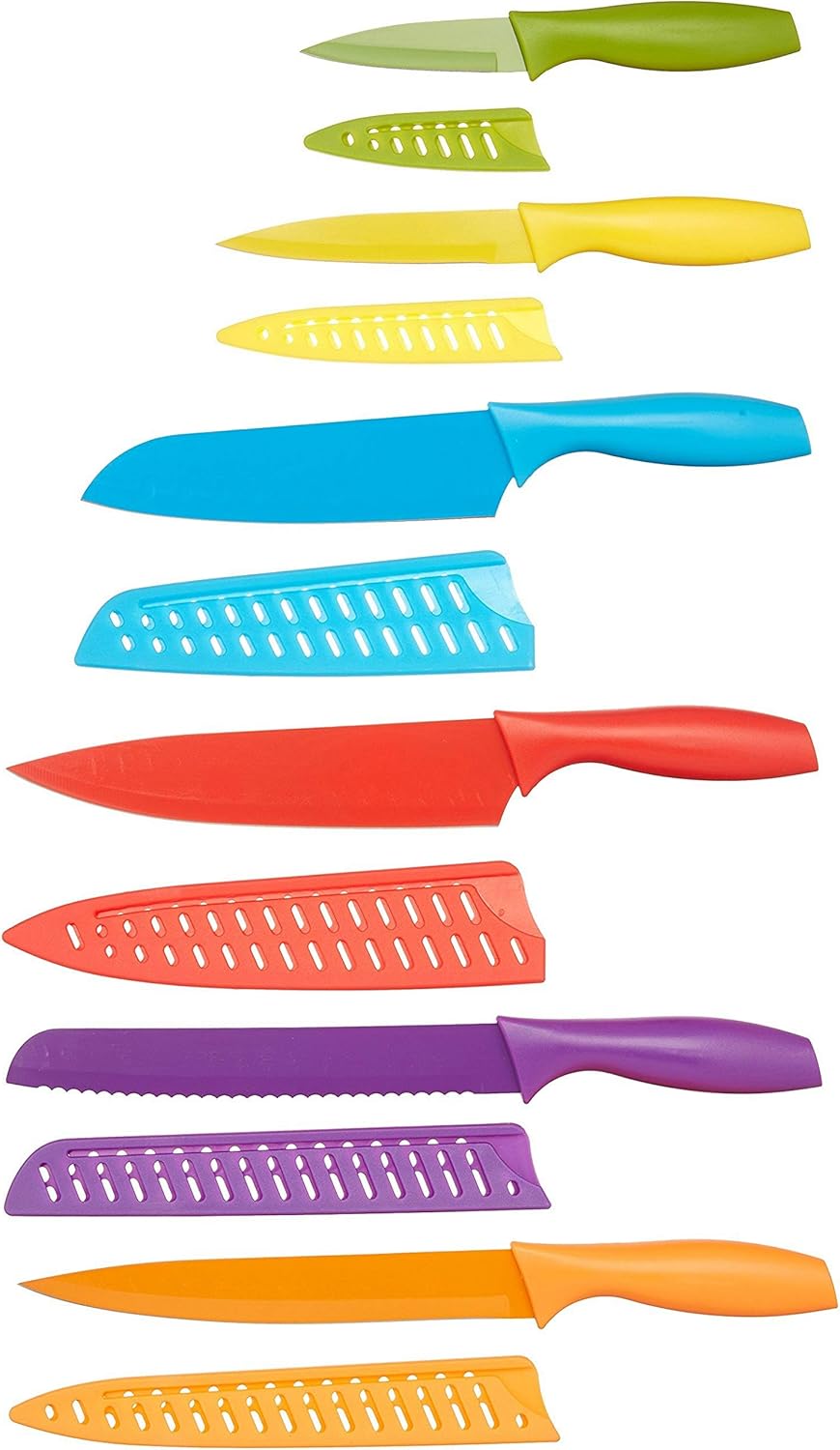 Basics Color-Coded Dishwasher Safe Kitchen 12-Piece Knife Set, 6 Knives with 6 Blade Guards, Multicolor, 13.88 x 4.13 x 1.38 inch