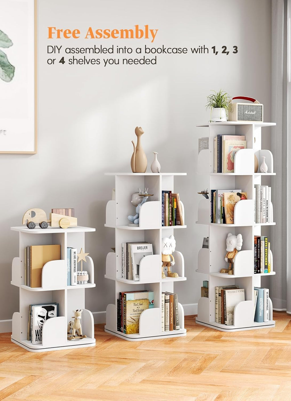 Rotating Bookshelf Tower, 4 Tier Small Spinning Corner Bookshelf for Small Spaces, 360 Display Kids Bookshelves Floor Standing Bookcase Storage Rack Wood Book Shelf Organizer for Bedroom Room, White