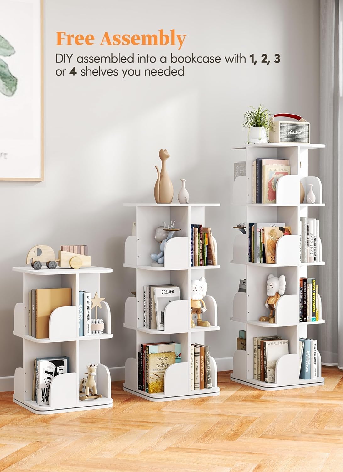 Rotating Bookshelf Tower, 4 Tier Small Spinning Corner Bookshelf for Small Spaces, 360 Display Kids Bookshelves Floor Standing Bookcase Storage Rack Wood Book Shelf Organizer for Bedroom Room, White