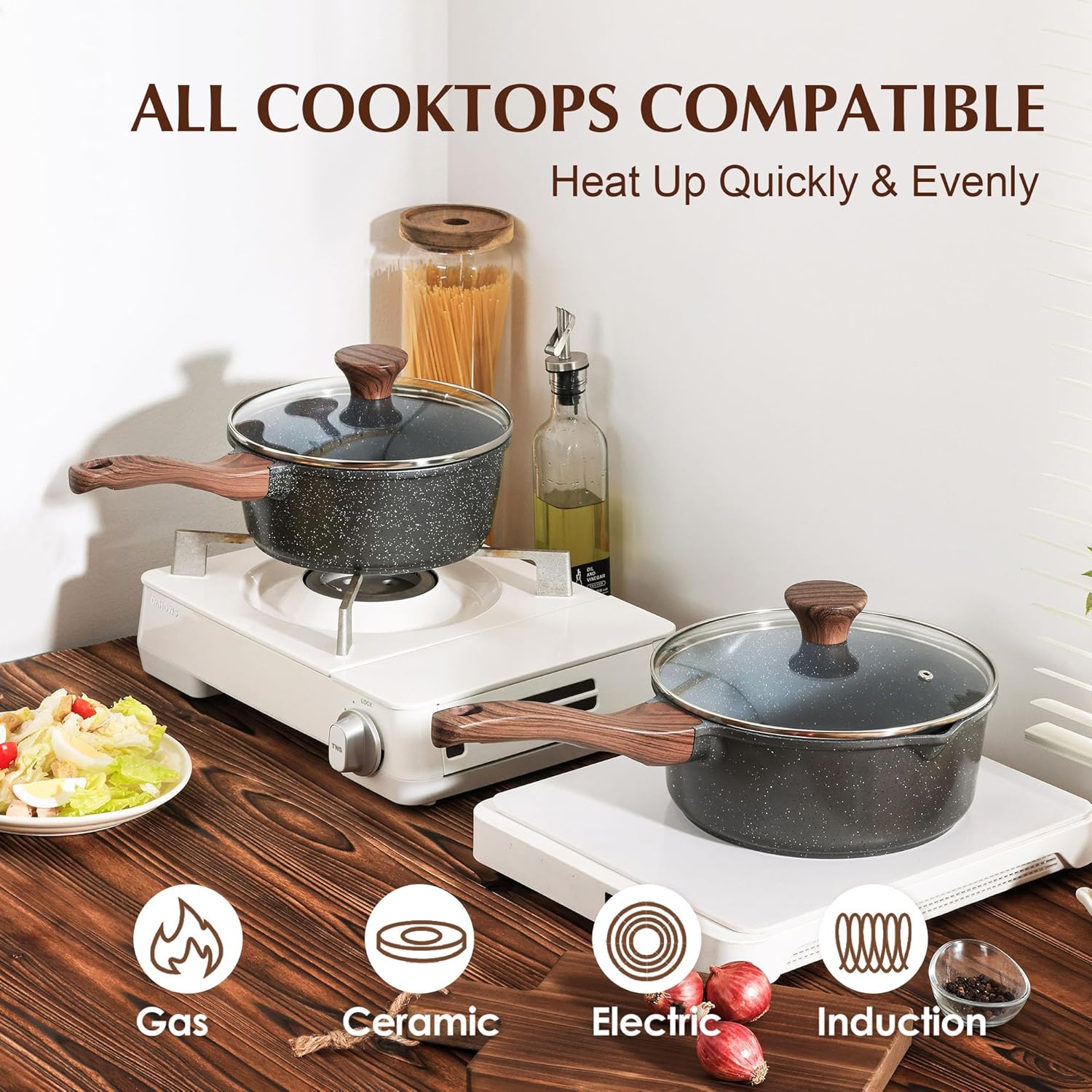 SENSARTE 1.5 Qt Nonstick Saucepan, Granite Coating, Induction Compatible