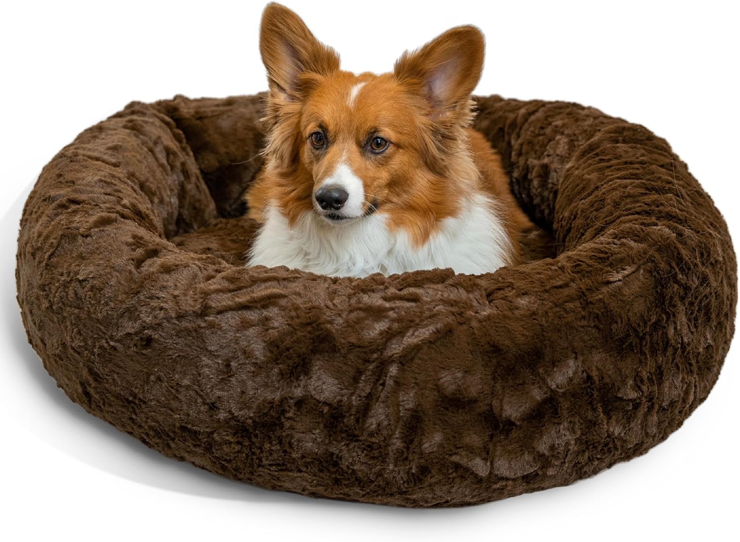Best Friends by Sheri Original Calming Donut Dog and Cat Bed, Shag Faux Fur, Taupe, (23in x 23in) - Anxiety Relief for Pets Up to 25 lbs