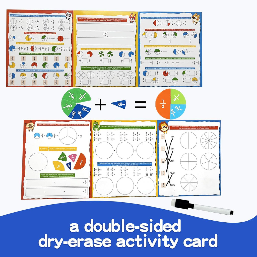 Magnetic Fraction Tiles & Circles Set with Dry Erase Board - Montessori Math Manipulatives Kit for Grade 1-5, Homeschool Classroom Fraction Puzzles and Games