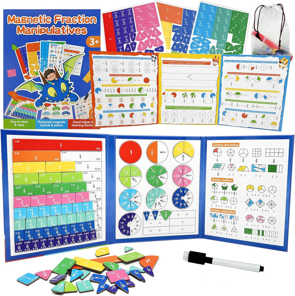 Magnetic Fraction Tiles & Circles Set with Dry Erase Board - Montessori Math Manipulatives Kit for Grade 1-5, Homeschool Classroom Fraction Puzzles and Games