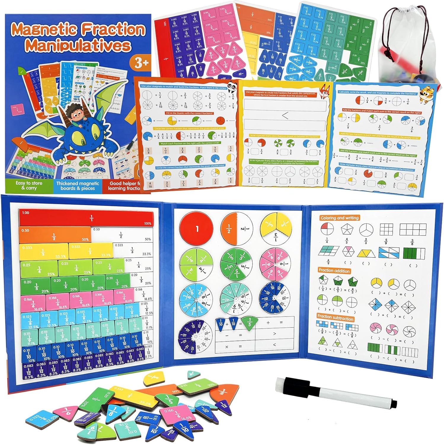 Magnetic Fraction Tiles & Circles Set with Dry Erase Board - Montessori Math Manipulatives Kit for Grade 1-5, Homeschool Classroom Fraction Puzzles and Games