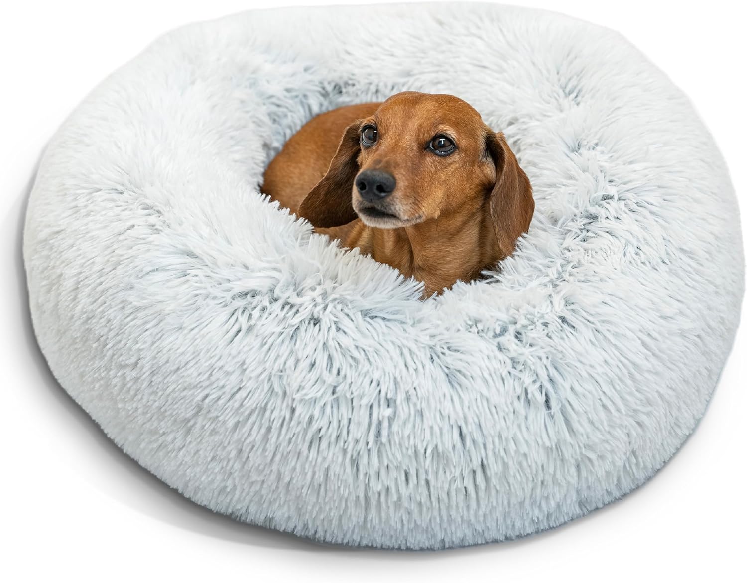 Best Friends by Sheri Original Calming Donut Dog and Cat Bed, Shag Faux Fur, Taupe, (23in x 23in) - Anxiety Relief for Pets Up to 25 lbs