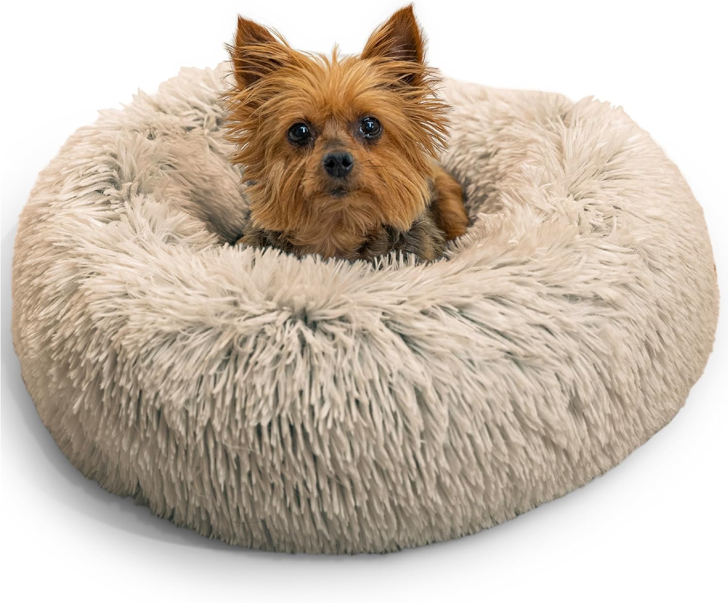 Best Friends by Sheri Original Calming Donut Dog and Cat Bed, Shag Faux Fur, Taupe, (23in x 23in) - Anxiety Relief for Pets Up to 25 lbs