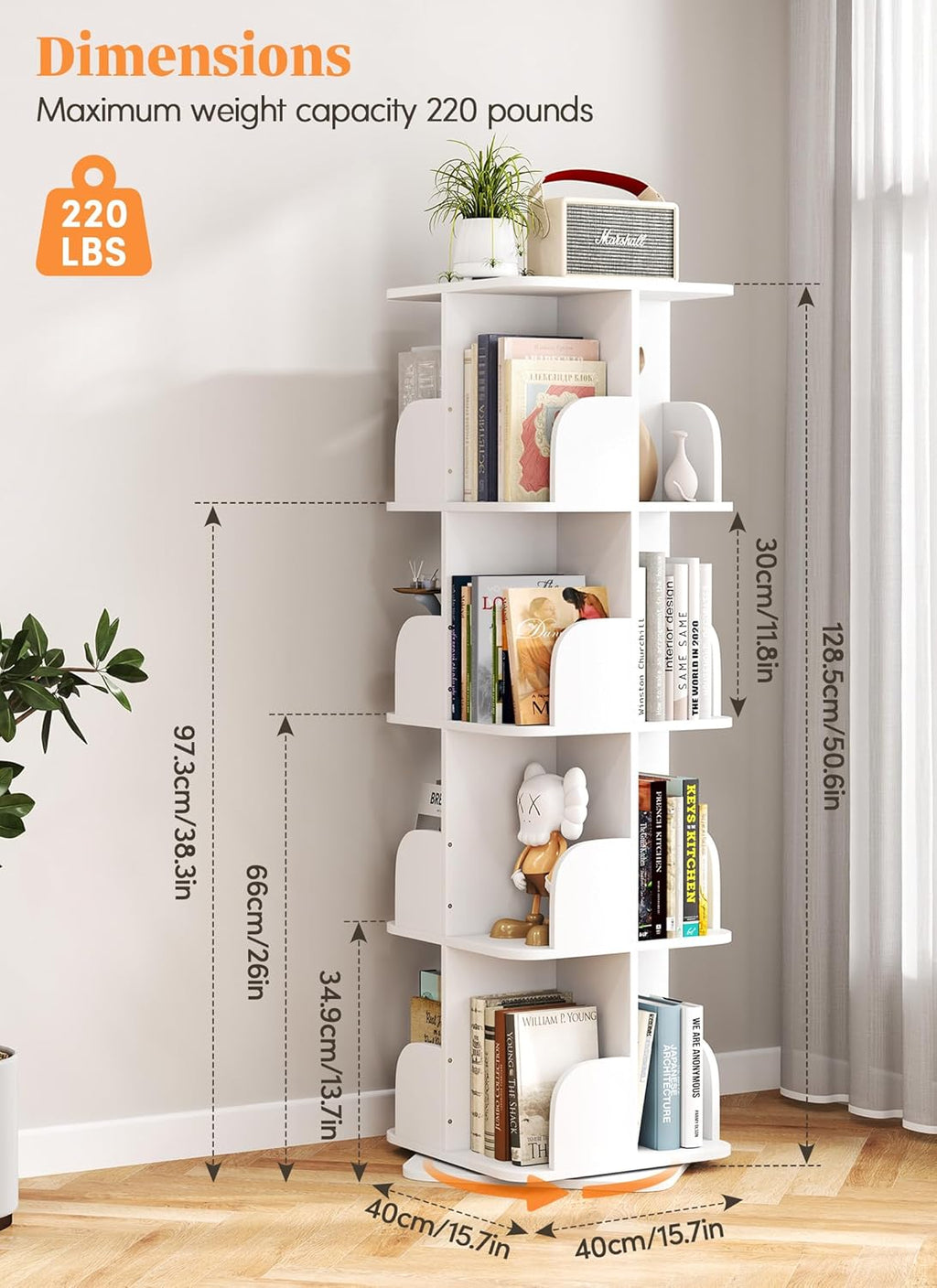 Rotating Bookshelf Tower, 4 Tier Small Spinning Corner Bookshelf for Small Spaces, 360 Display Kids Bookshelves Floor Standing Bookcase Storage Rack Wood Book Shelf Organizer for Bedroom Room, White