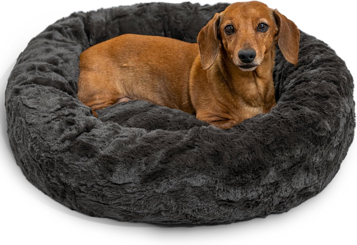 Best Friends by Sheri Original Calming Donut Dog and Cat Bed, Shag Faux Fur, Taupe, (23in x 23in) - Anxiety Relief for Pets Up to 25 lbs