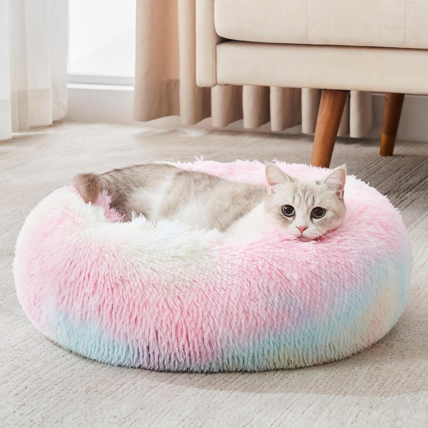 WESTERN HOME WH Calming Soft Round Dog & Cat Bed, Anti-Anxiety Donut Cuddler Warming Cozy Fluffy Faux Fur Plush Cushion Bed for Small Medium Dogs and Cats (20"/24"/27"/30"), Light Grey