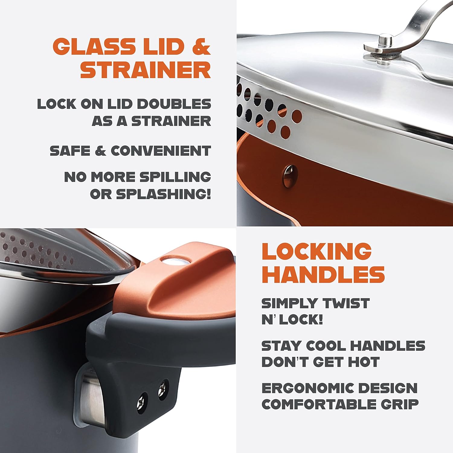 Gotham Steel 5 Quart Stock Pot Multipurpose Pasta Pot with Strainer Lid & Twist and Lock Handles, Nonstick Ceramic Surface Makes for Effortless Cleanup with Tempered Glass Lid, Dishwasher Safe