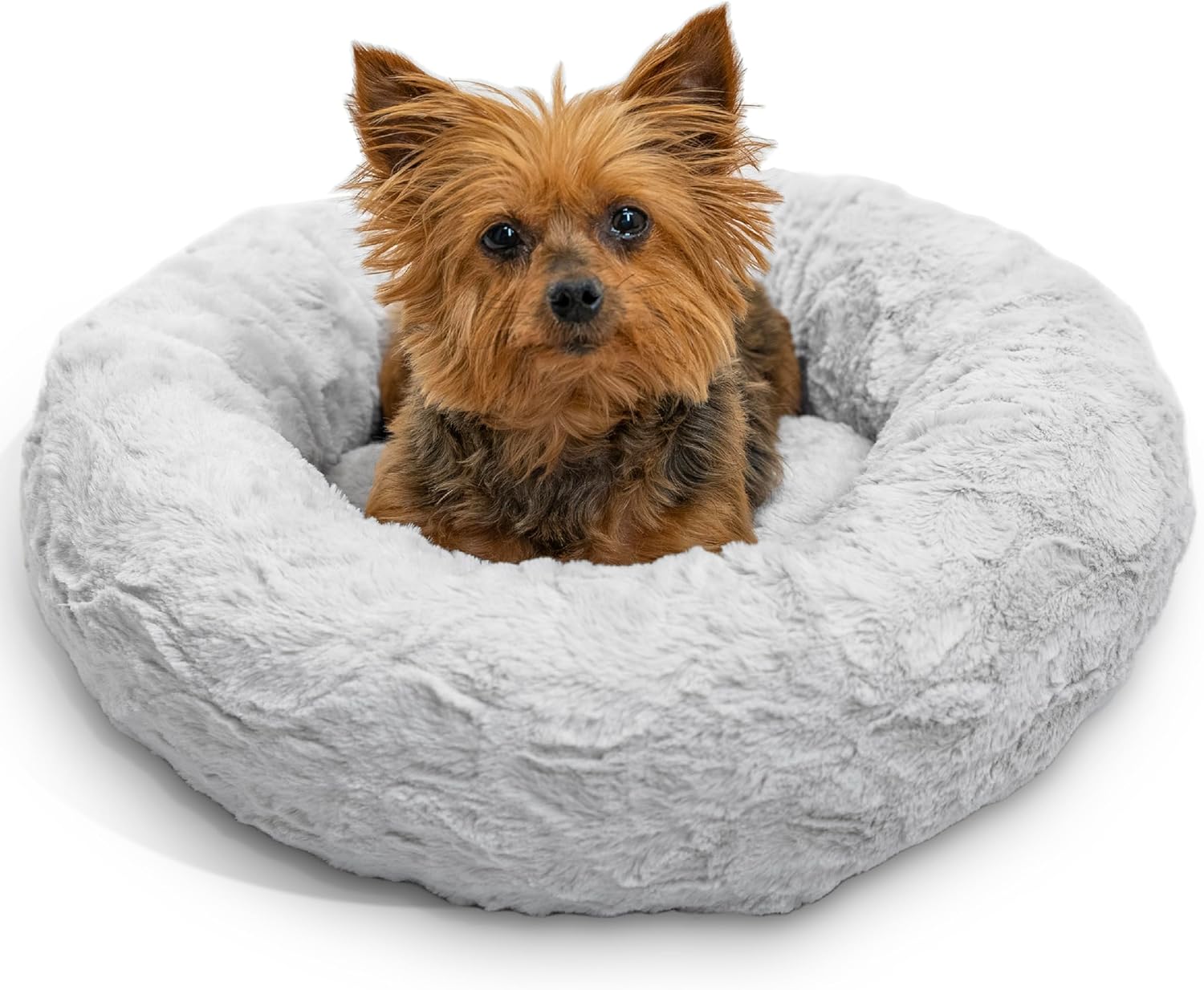 Best Friends by Sheri Original Calming Donut Dog and Cat Bed, Shag Faux Fur, Taupe, (23in x 23in) - Anxiety Relief for Pets Up to 25 lbs