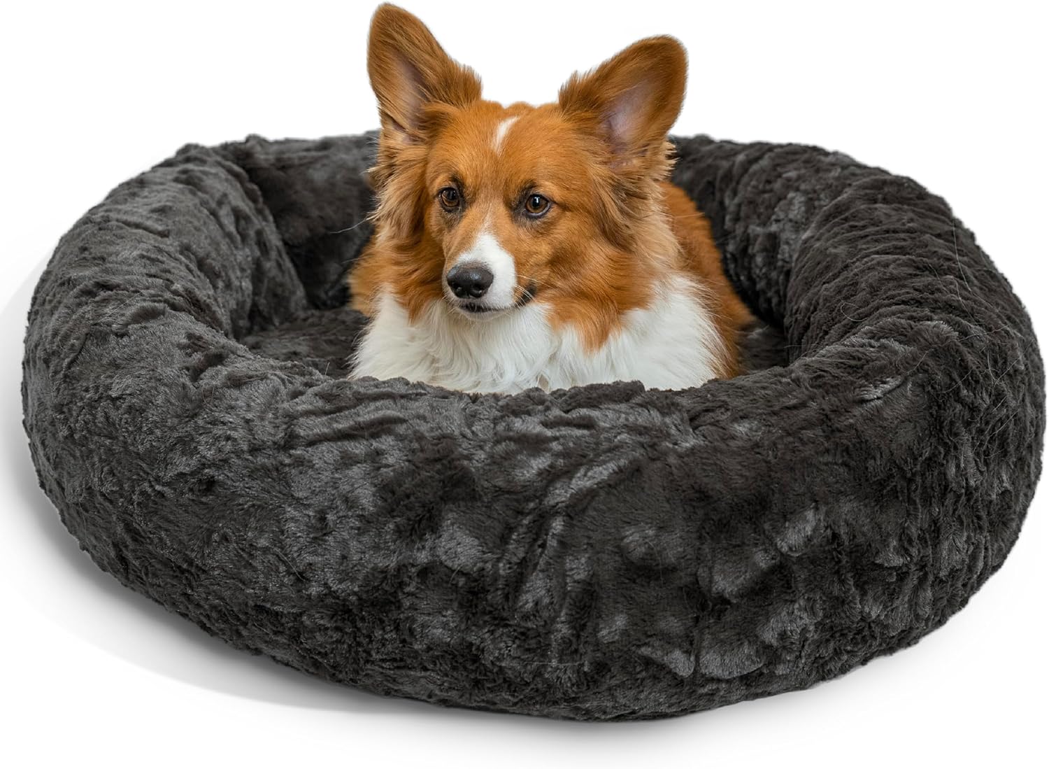 Best Friends by Sheri Original Calming Donut Dog and Cat Bed, Shag Faux Fur, Taupe, (23in x 23in) - Anxiety Relief for Pets Up to 25 lbs