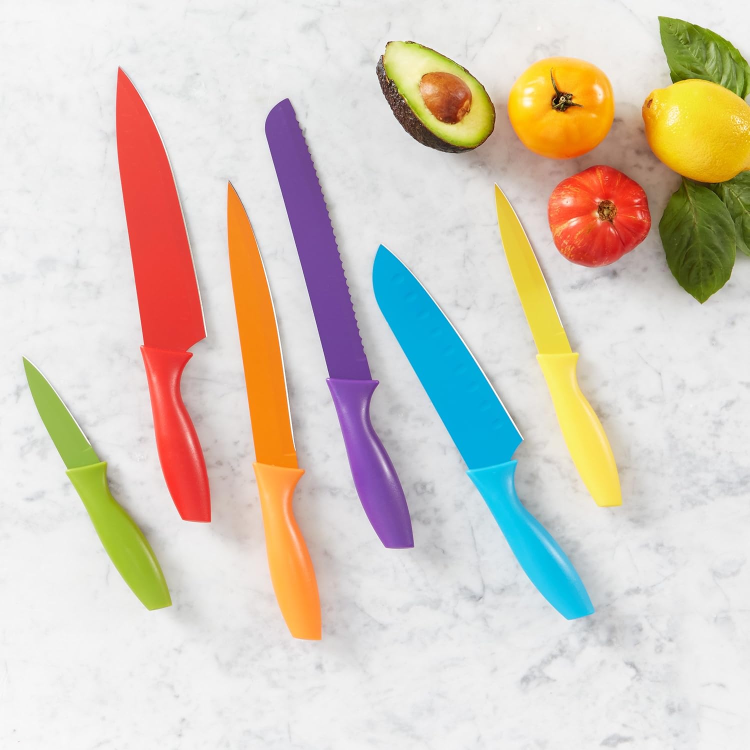 Basics Color-Coded Dishwasher Safe Kitchen 12-Piece Knife Set, 6 Knives with 6 Blade Guards, Multicolor, 13.88 x 4.13 x 1.38 inch