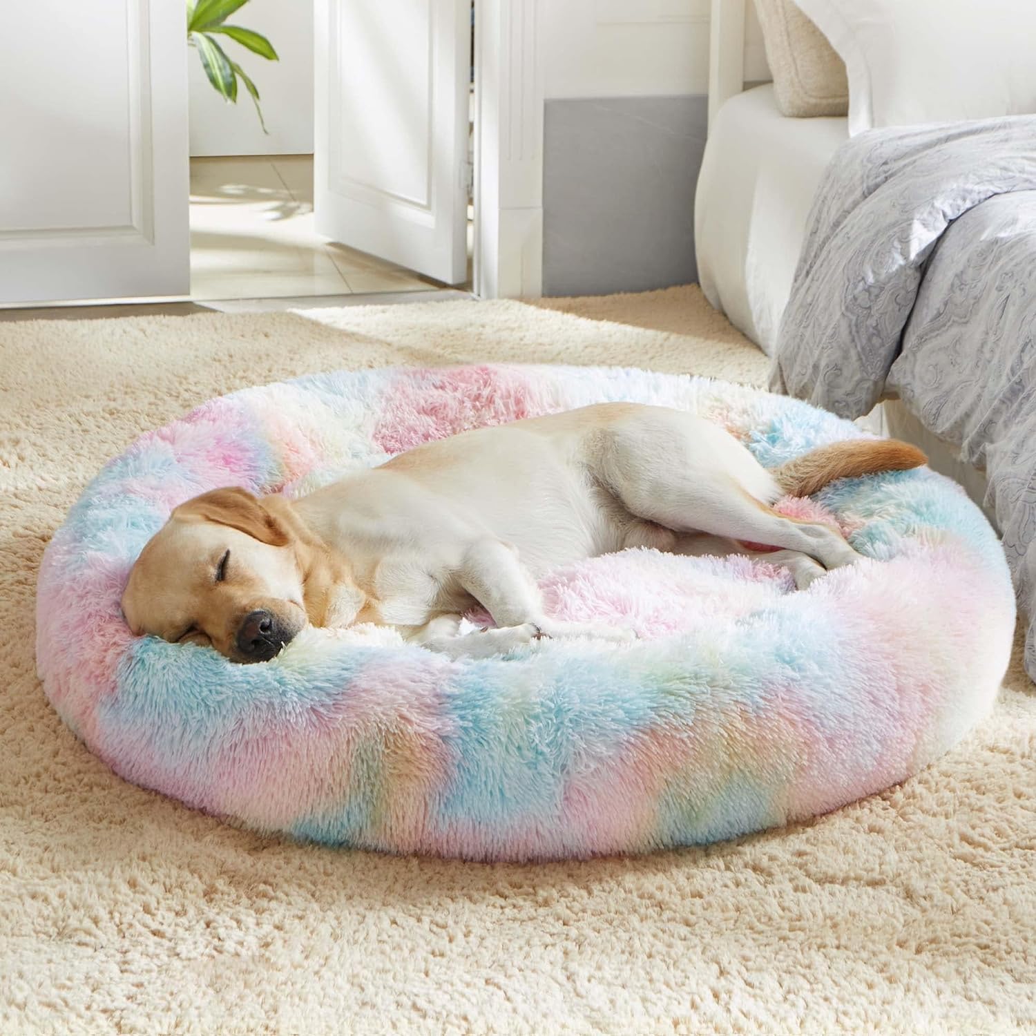 WESTERN HOME WH Calming Soft Round Dog & Cat Bed, Anti-Anxiety Donut Cuddler Warming Cozy Fluffy Faux Fur Plush Cushion Bed for Small Medium Dogs and Cats (20"/24"/27"/30"), Light Grey