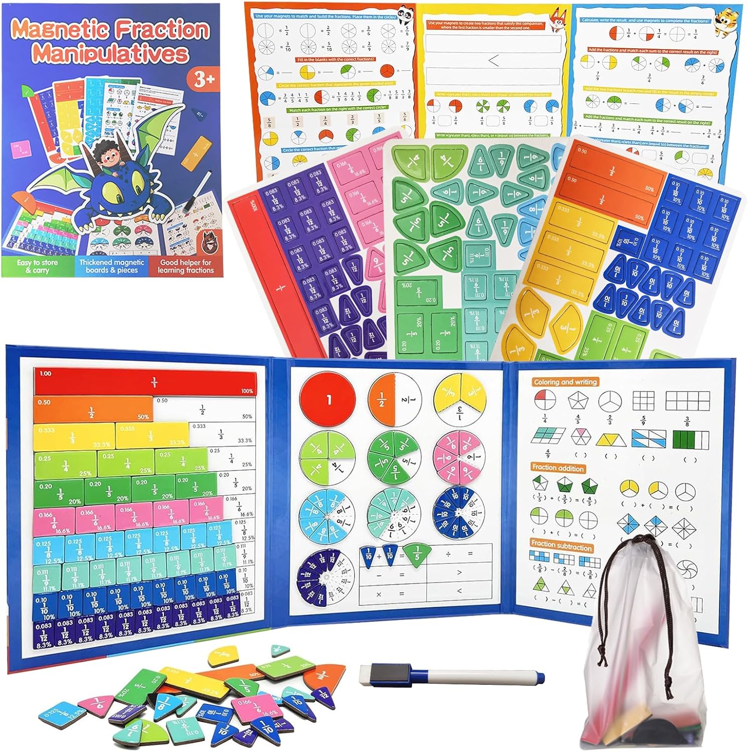 Magnetic Fraction Educational Puzzle for Kids, New Magnetic Fraction Tiles & Fraction Circles, Math Manipulatives Enhance Early Primary School Students Mathematical Skills(Hippo Style)