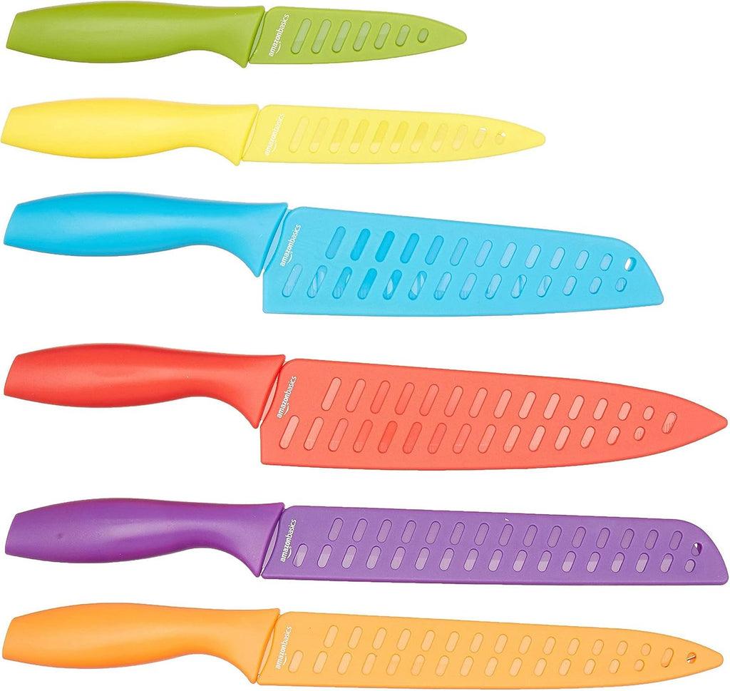 Basics Color-Coded Dishwasher Safe Kitchen 12-Piece Knife Set, 6 Knives with 6 Blade Guards, Multicolor, 13.88 x 4.13 x 1.38 inch