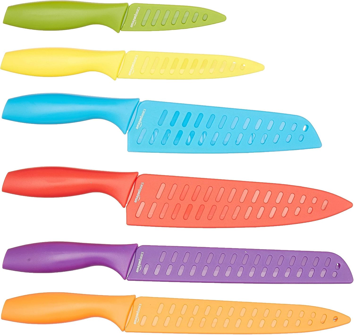 Basics Color-Coded Dishwasher Safe Kitchen 12-Piece Knife Set, 6 Knives with 6 Blade Guards, Multicolor, 13.88 x 4.13 x 1.38 inch