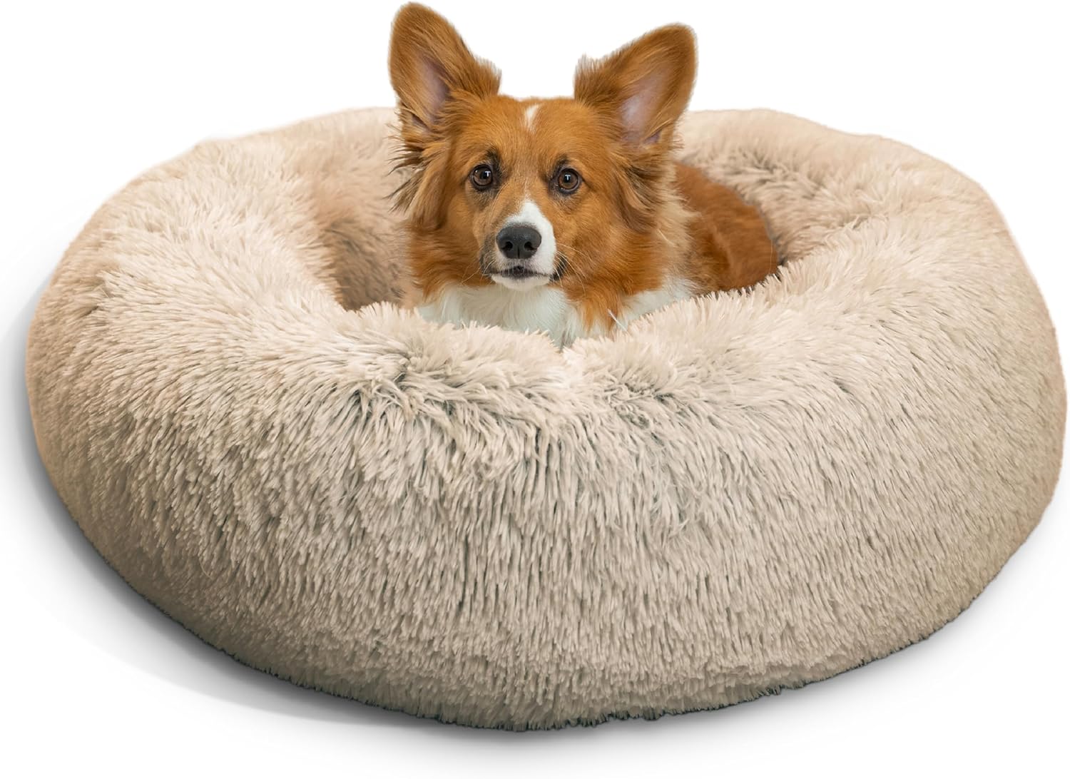 Best Friends by Sheri Original Calming Donut Dog and Cat Bed, Shag Faux Fur, Taupe, (23in x 23in) - Anxiety Relief for Pets Up to 25 lbs