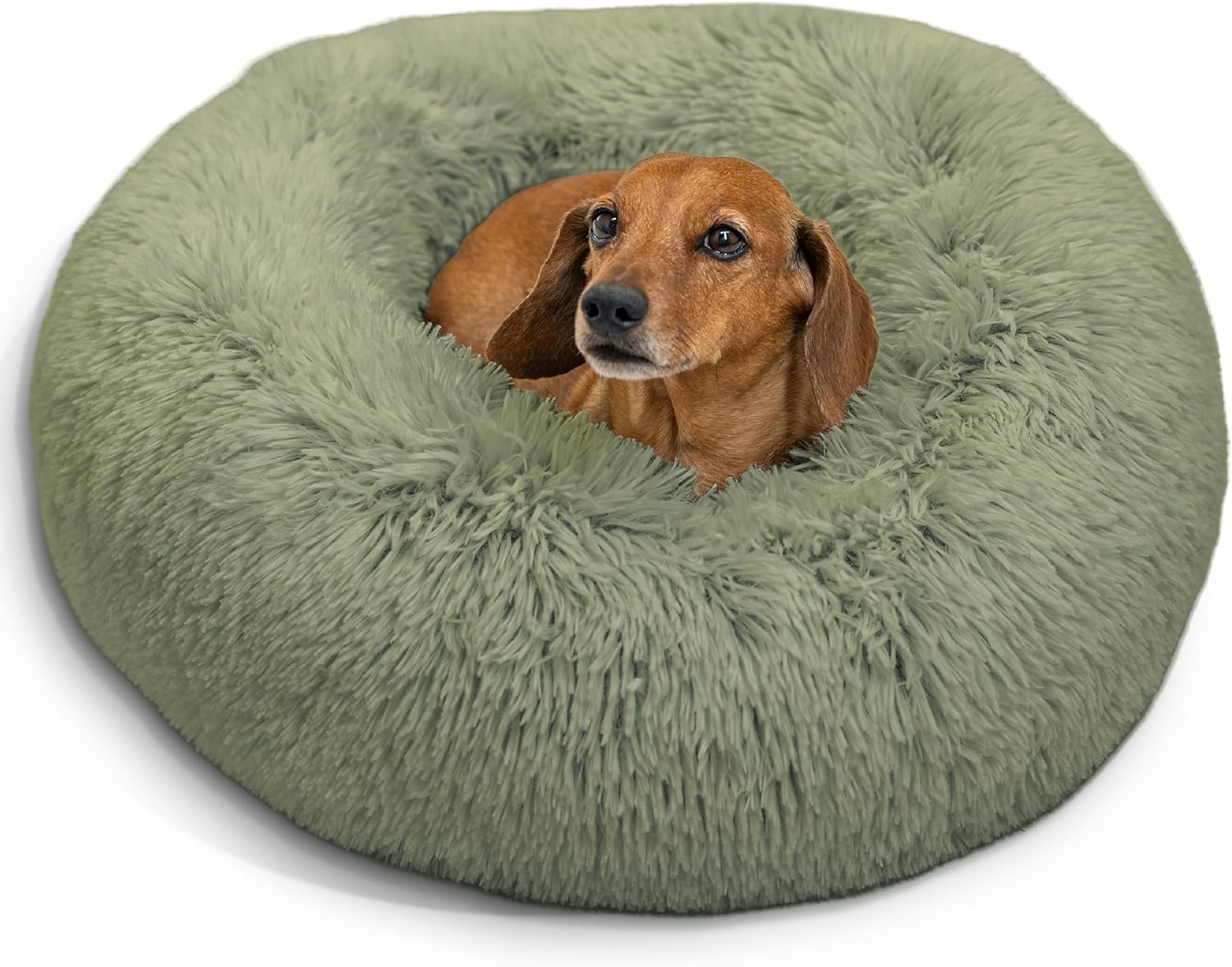 Best Friends by Sheri Original Calming Donut Dog and Cat Bed, Shag Faux Fur, Taupe, (23in x 23in) - Anxiety Relief for Pets Up to 25 lbs