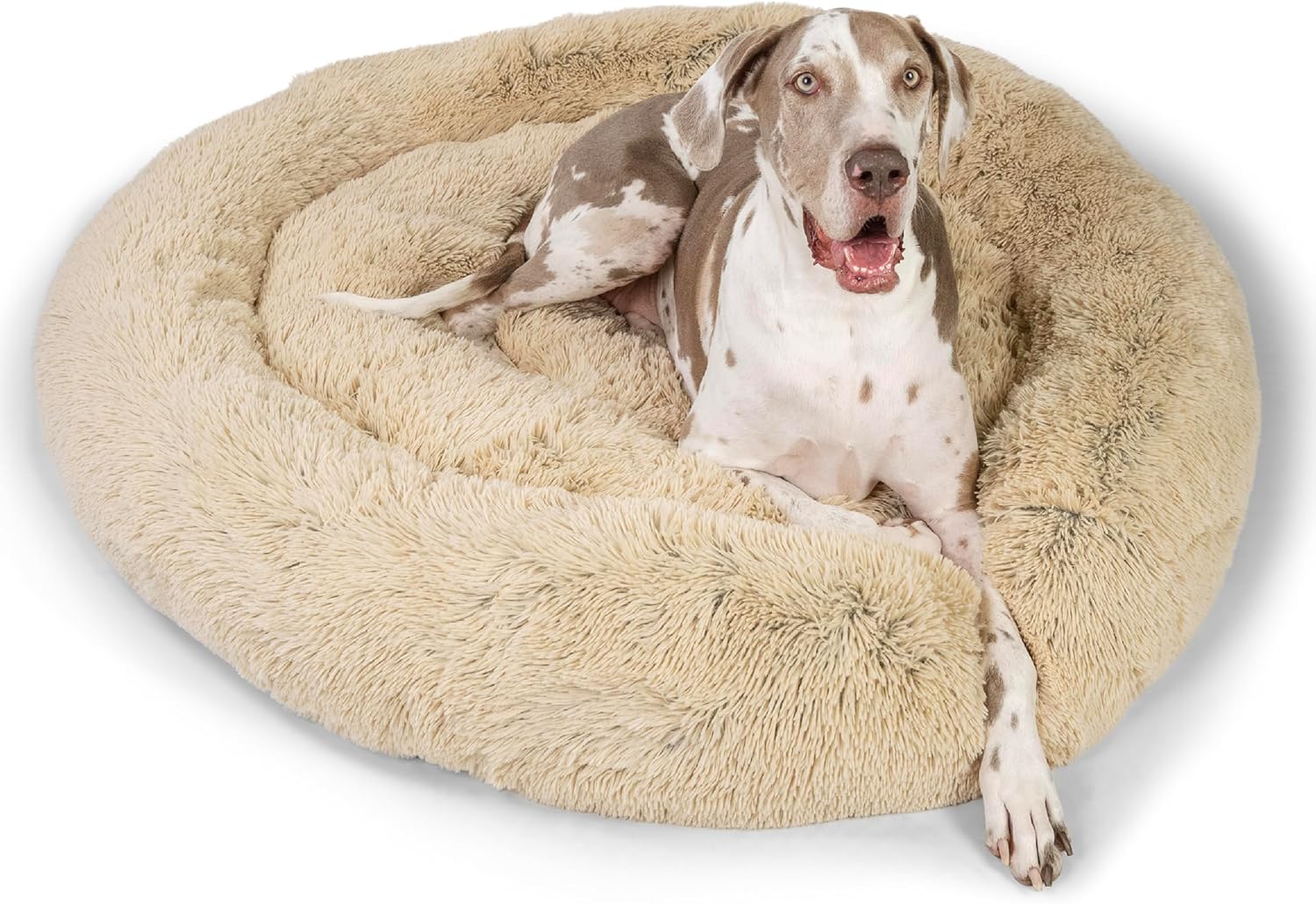Best Friends by Sheri Original Calming Donut Dog and Cat Bed, Shag Faux Fur, Taupe, (23in x 23in) - Anxiety Relief for Pets Up to 25 lbs