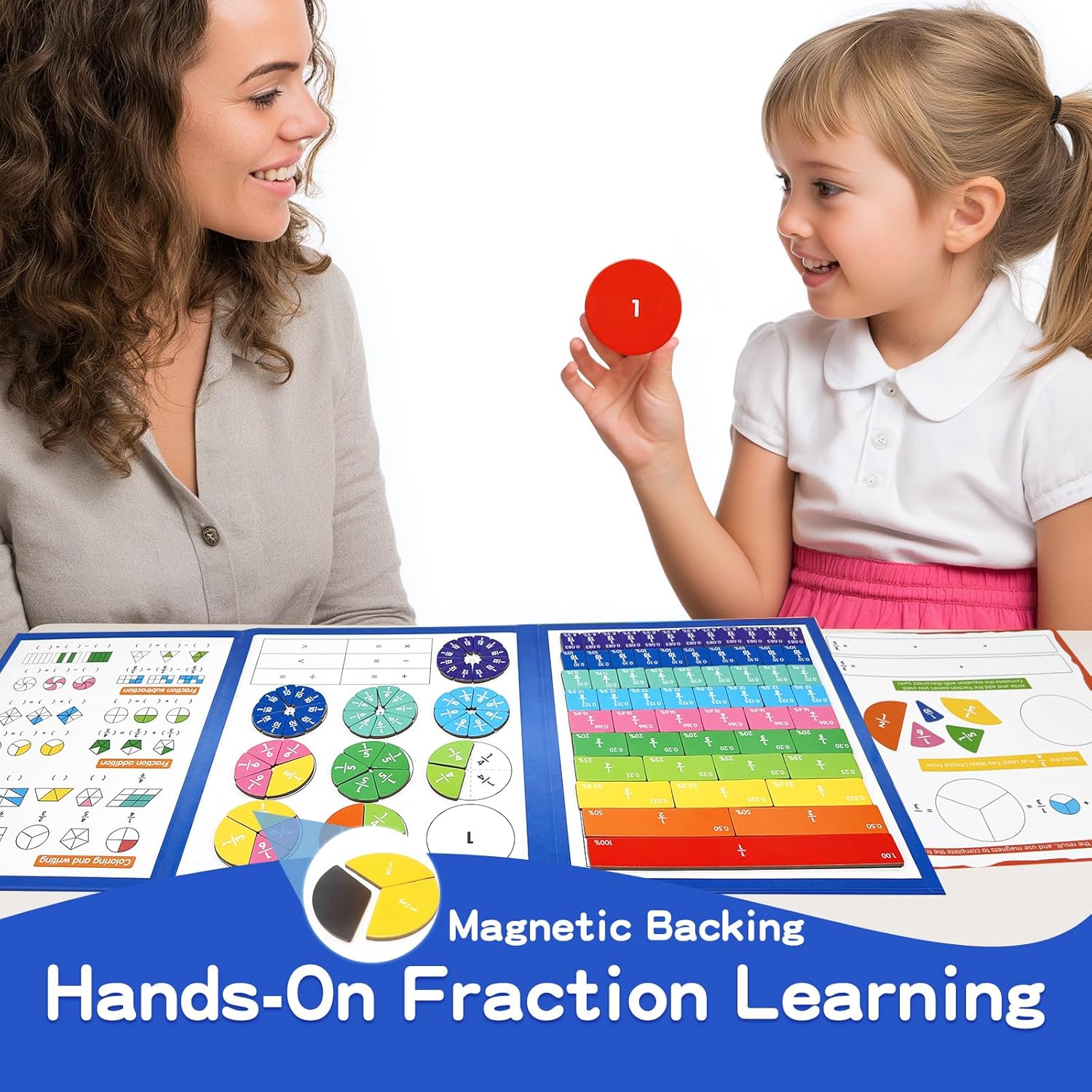 Magnetic Fraction Tiles & Circles Set with Dry Erase Board - Montessori Math Manipulatives Kit for Grade 1-5, Homeschool Classroom Fraction Puzzles and Games