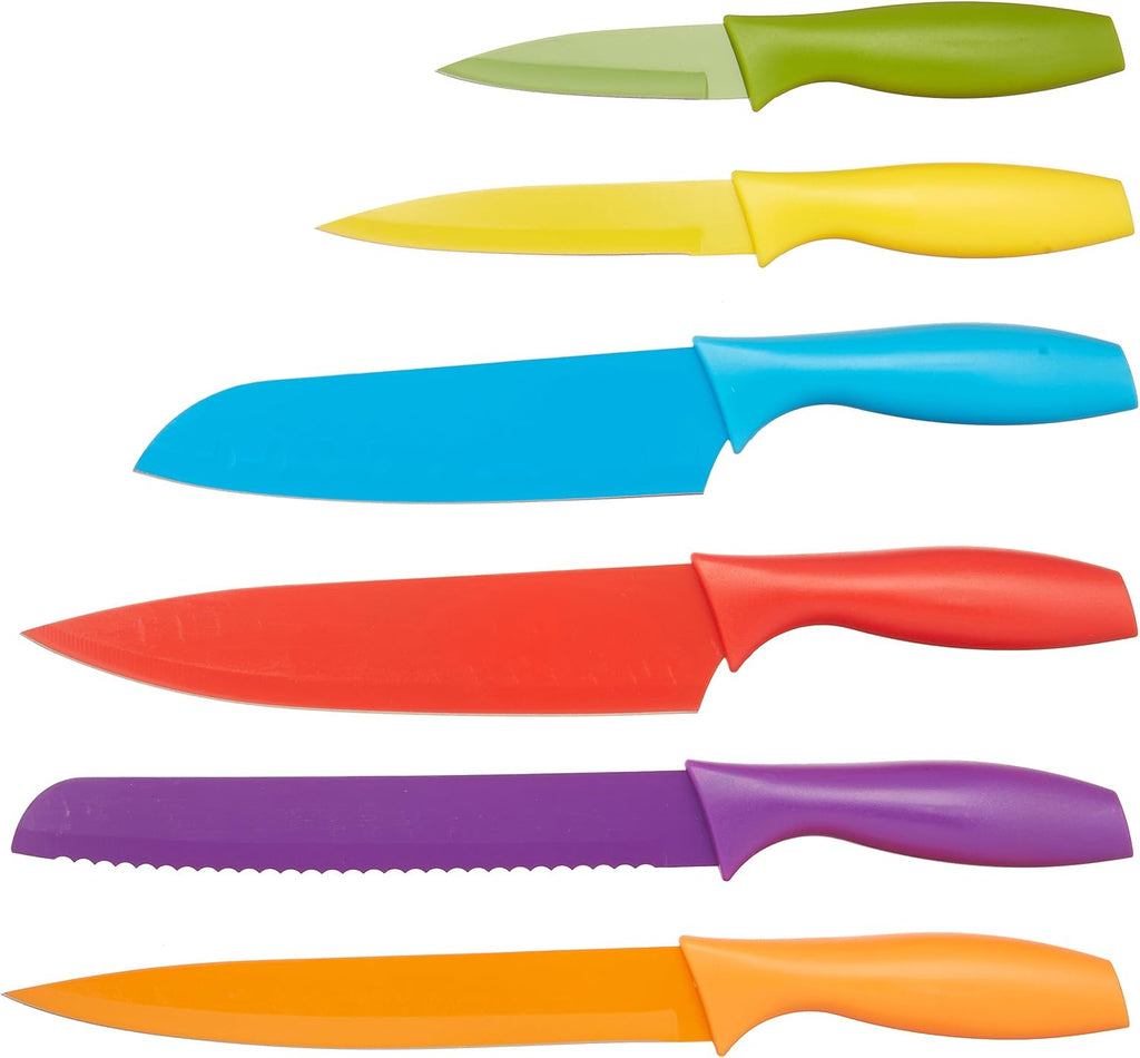 Basics Color-Coded Dishwasher Safe Kitchen 12-Piece Knife Set, 6 Knives with 6 Blade Guards, Multicolor, 13.88 x 4.13 x 1.38 inch