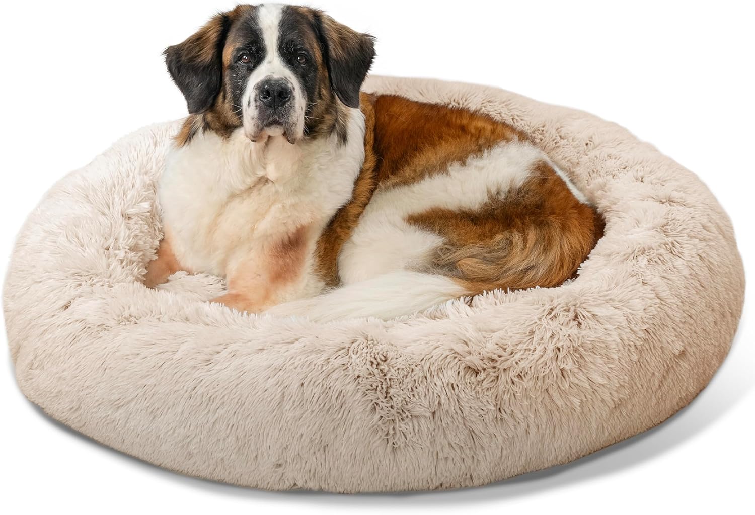 Best Friends by Sheri Original Calming Donut Dog and Cat Bed, Shag Faux Fur, Taupe, (23in x 23in) - Anxiety Relief for Pets Up to 25 lbs