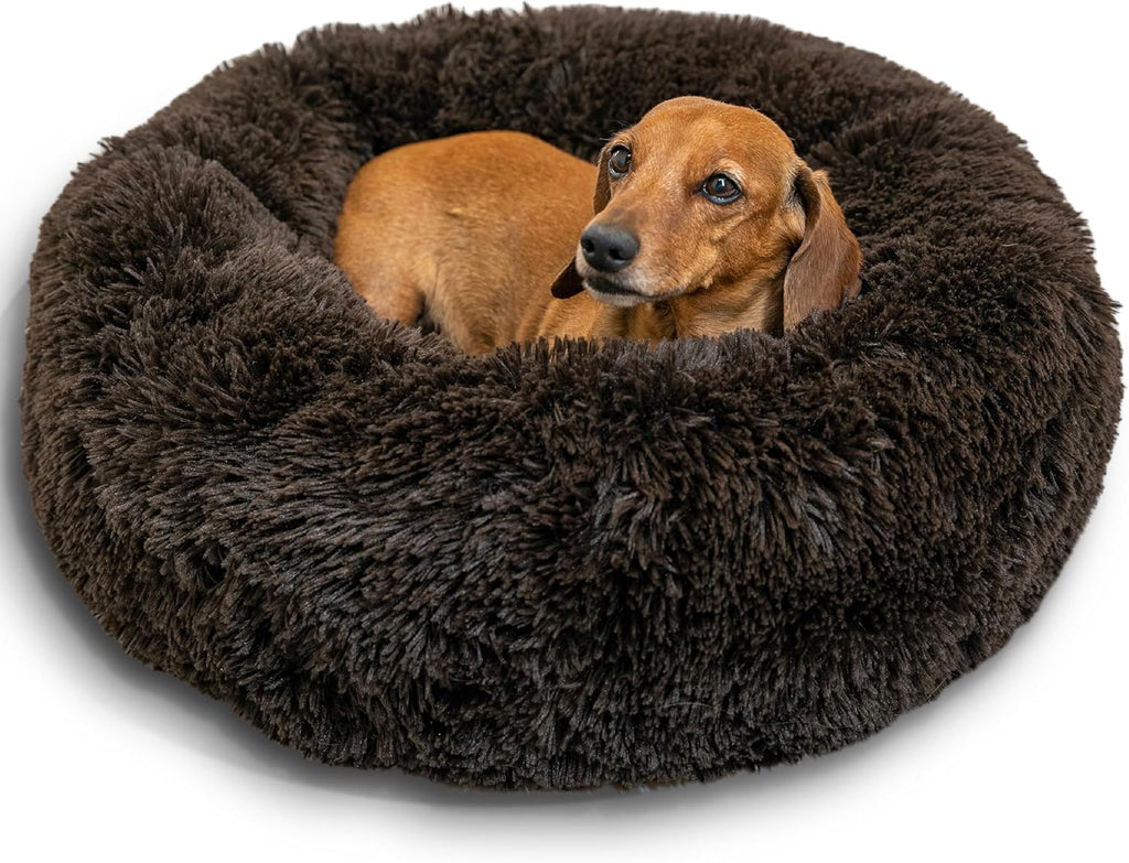 Best Friends by Sheri Original Calming Donut Dog and Cat Bed, Shag Faux Fur, Taupe, (23in x 23in) - Anxiety Relief for Pets Up to 25 lbs
