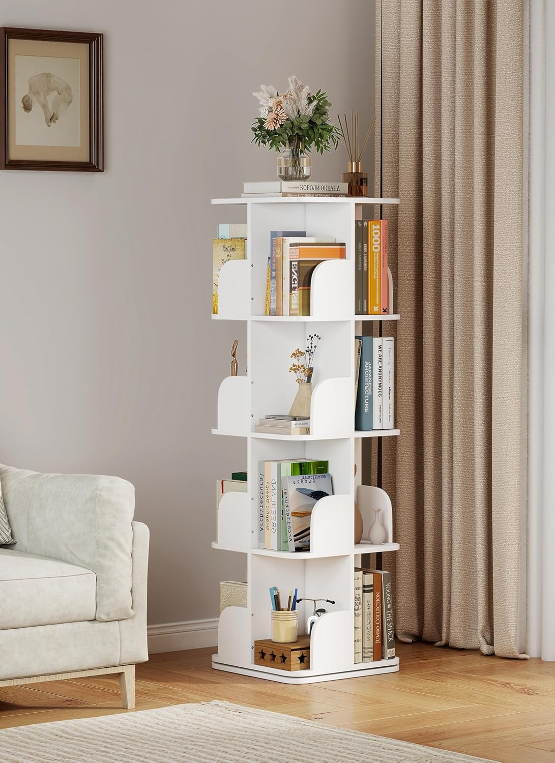 Rotating Bookshelf Tower, 4 Tier Small Spinning Corner Bookshelf for Small Spaces, 360 Display Kids Bookshelves Floor Standing Bookcase Storage Rack Wood Book Shelf Organizer for Bedroom Room, White