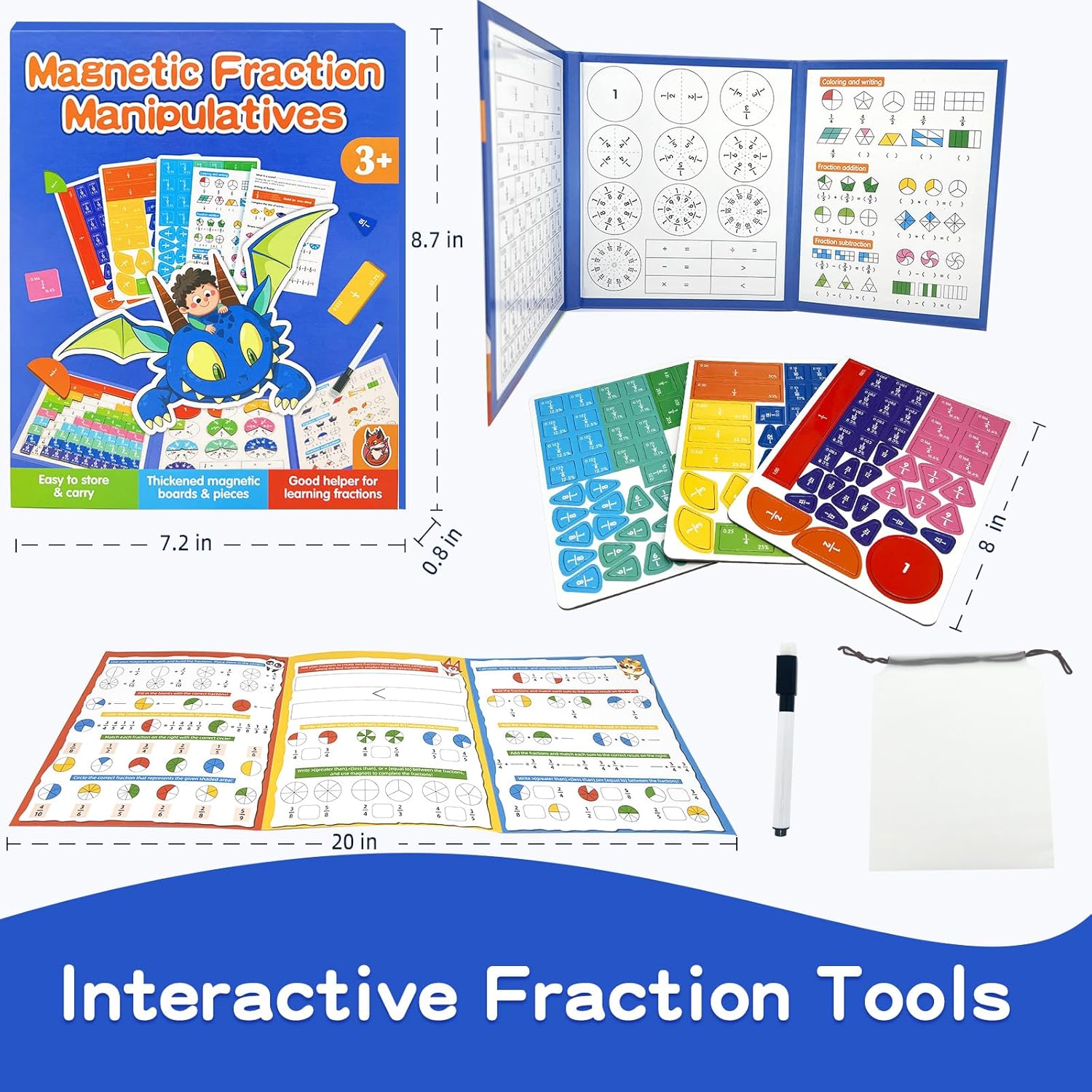 Magnetic Fraction Tiles & Circles Set with Dry Erase Board - Montessori Math Manipulatives Kit for Grade 1-5, Homeschool Classroom Fraction Puzzles and Games