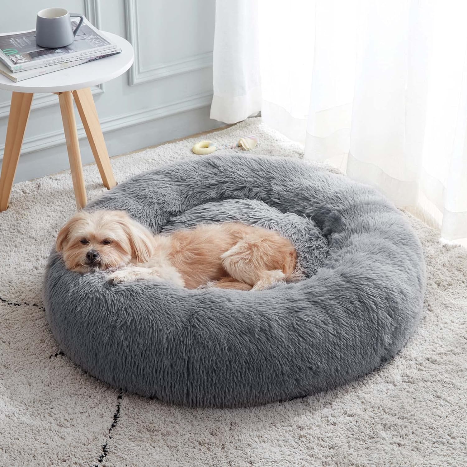 WESTERN HOME WH Calming Soft Round Dog & Cat Bed, Anti-Anxiety Donut Cuddler Warming Cozy Fluffy Faux Fur Plush Cushion Bed for Small Medium Dogs and Cats (20"/24"/27"/30"), Light Grey