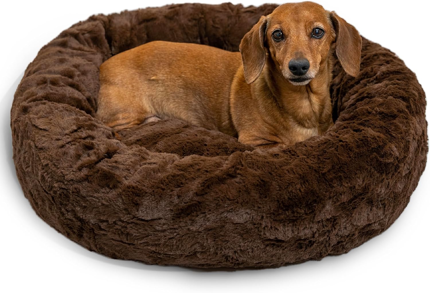 Best Friends by Sheri Original Calming Donut Dog and Cat Bed, Shag Faux Fur, Taupe, (23in x 23in) - Anxiety Relief for Pets Up to 25 lbs