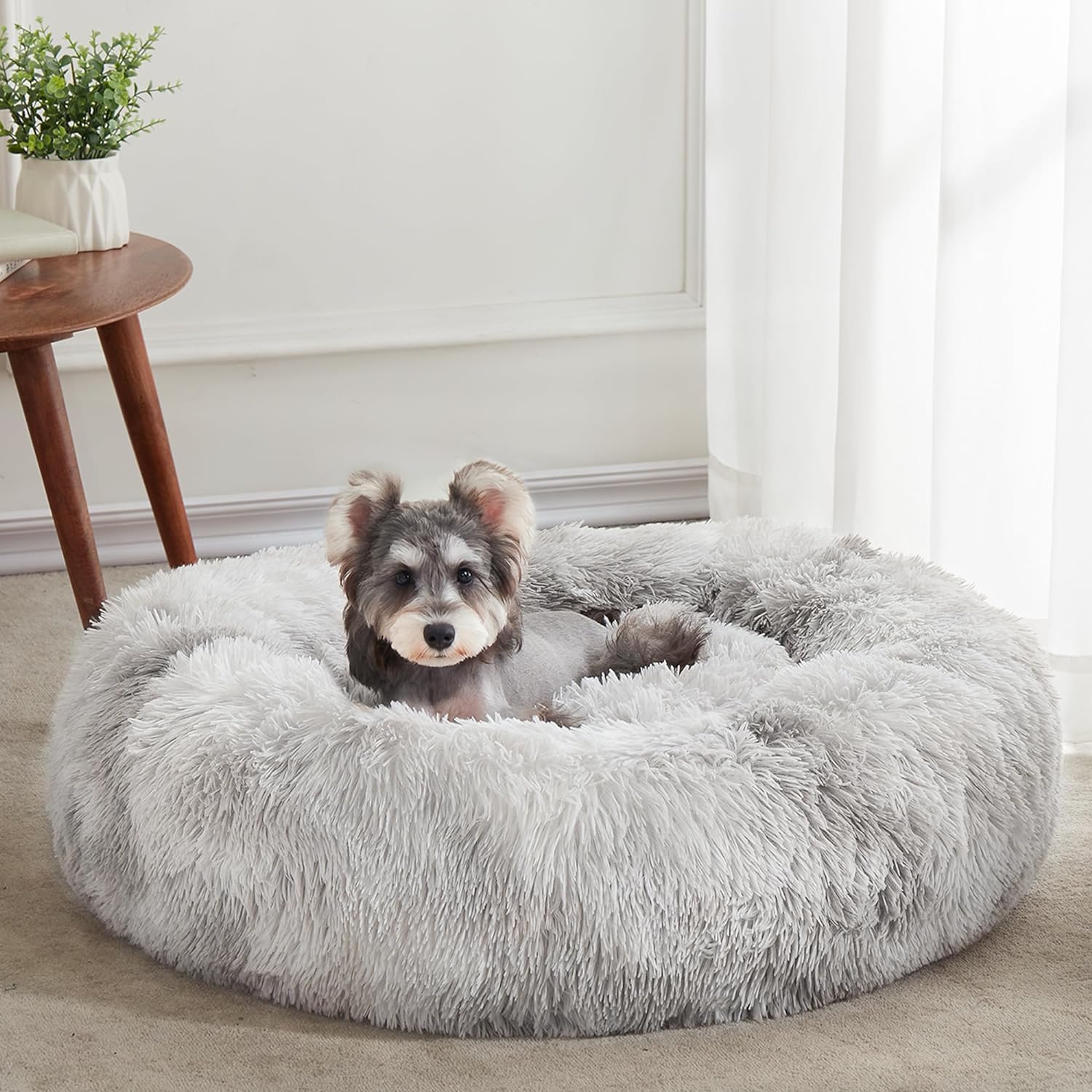 WESTERN HOME WH Calming Soft Round Dog & Cat Bed, Anti-Anxiety Donut Cuddler Warming Cozy Fluffy Faux Fur Plush Cushion Bed for Small Medium Dogs and Cats (20"/24"/27"/30"), Light Grey