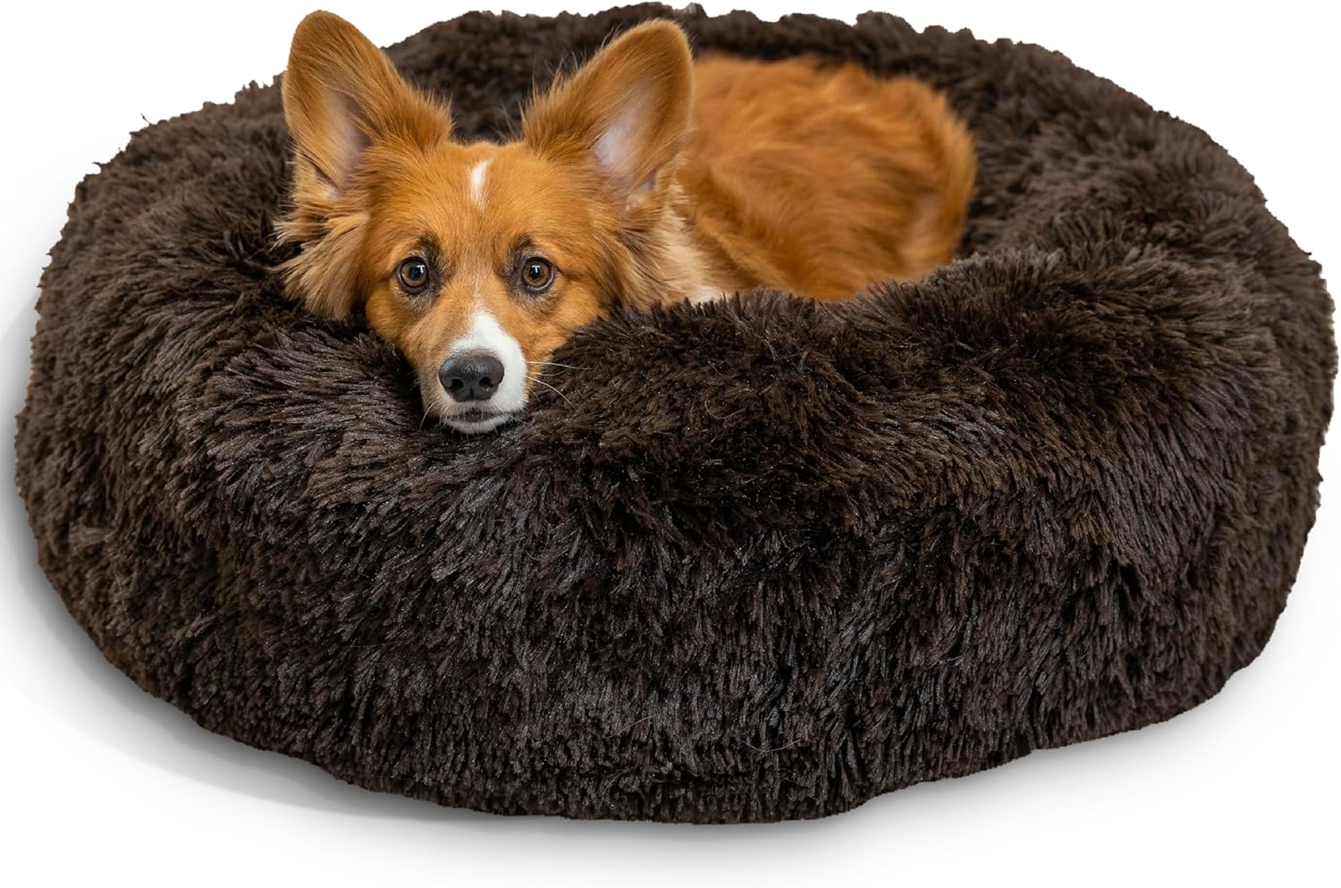 Best Friends by Sheri Original Calming Donut Dog and Cat Bed, Shag Faux Fur, Taupe, (23in x 23in) - Anxiety Relief for Pets Up to 25 lbs