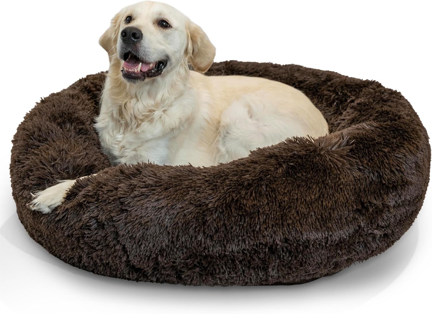 Best Friends by Sheri Original Calming Donut Dog and Cat Bed, Shag Faux Fur, Taupe, (23in x 23in) - Anxiety Relief for Pets Up to 25 lbs