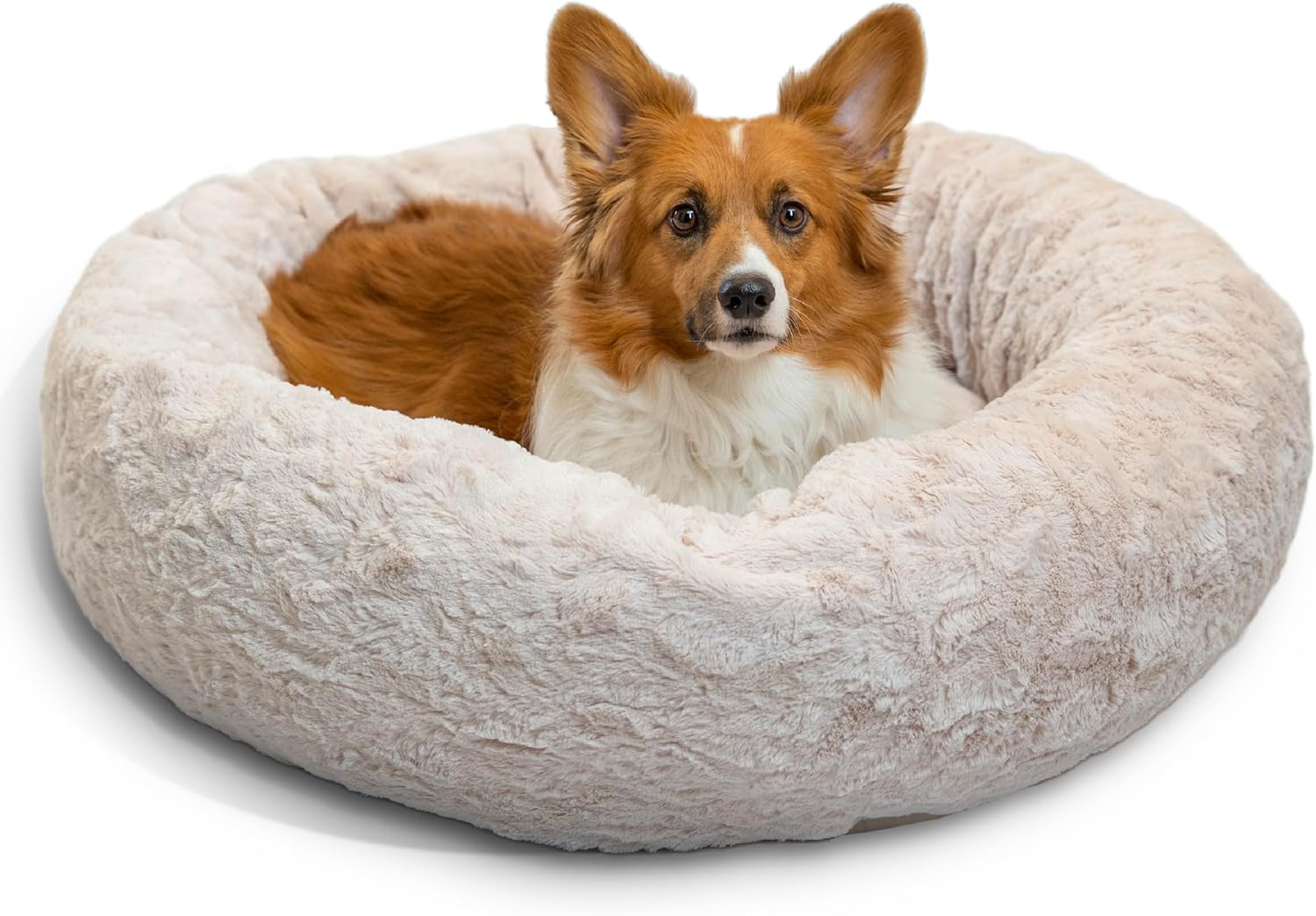 Best Friends by Sheri Original Calming Donut Dog and Cat Bed, Shag Faux Fur, Taupe, (23in x 23in) - Anxiety Relief for Pets Up to 25 lbs