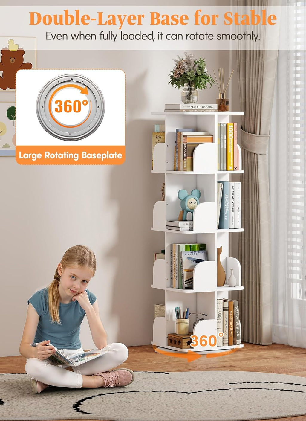 Rotating Bookshelf Tower, 4 Tier Small Spinning Corner Bookshelf for Small Spaces, 360 Display Kids Bookshelves Floor Standing Bookcase Storage Rack Wood Book Shelf Organizer for Bedroom Room, White