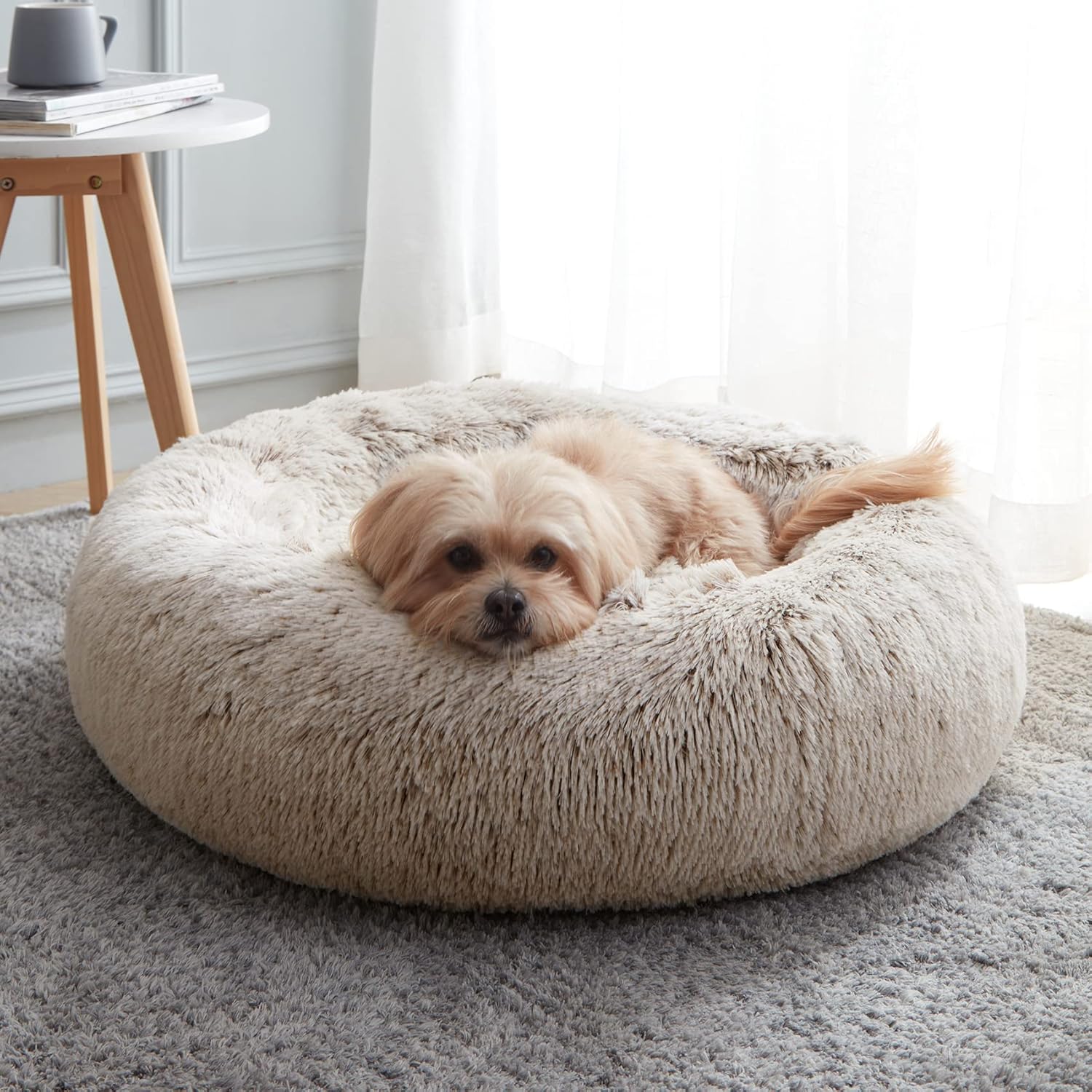 WESTERN HOME WH Calming Soft Round Dog & Cat Bed, Anti-Anxiety Donut Cuddler Warming Cozy Fluffy Faux Fur Plush Cushion Bed for Small Medium Dogs and Cats (20"/24"/27"/30"), Light Grey