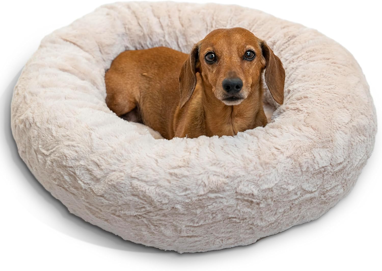 Best Friends by Sheri Original Calming Donut Dog and Cat Bed, Shag Faux Fur, Taupe, (23in x 23in) - Anxiety Relief for Pets Up to 25 lbs