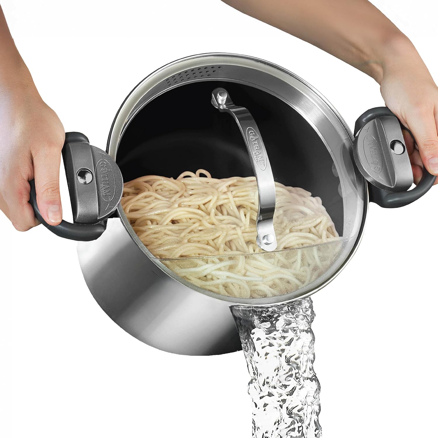 Gotham Steel 5 Quart Stock Pot Multipurpose Pasta Pot with Strainer Lid & Twist and Lock Handles, Nonstick Ceramic Surface Makes for Effortless Cleanup with Tempered Glass Lid, Dishwasher Safe