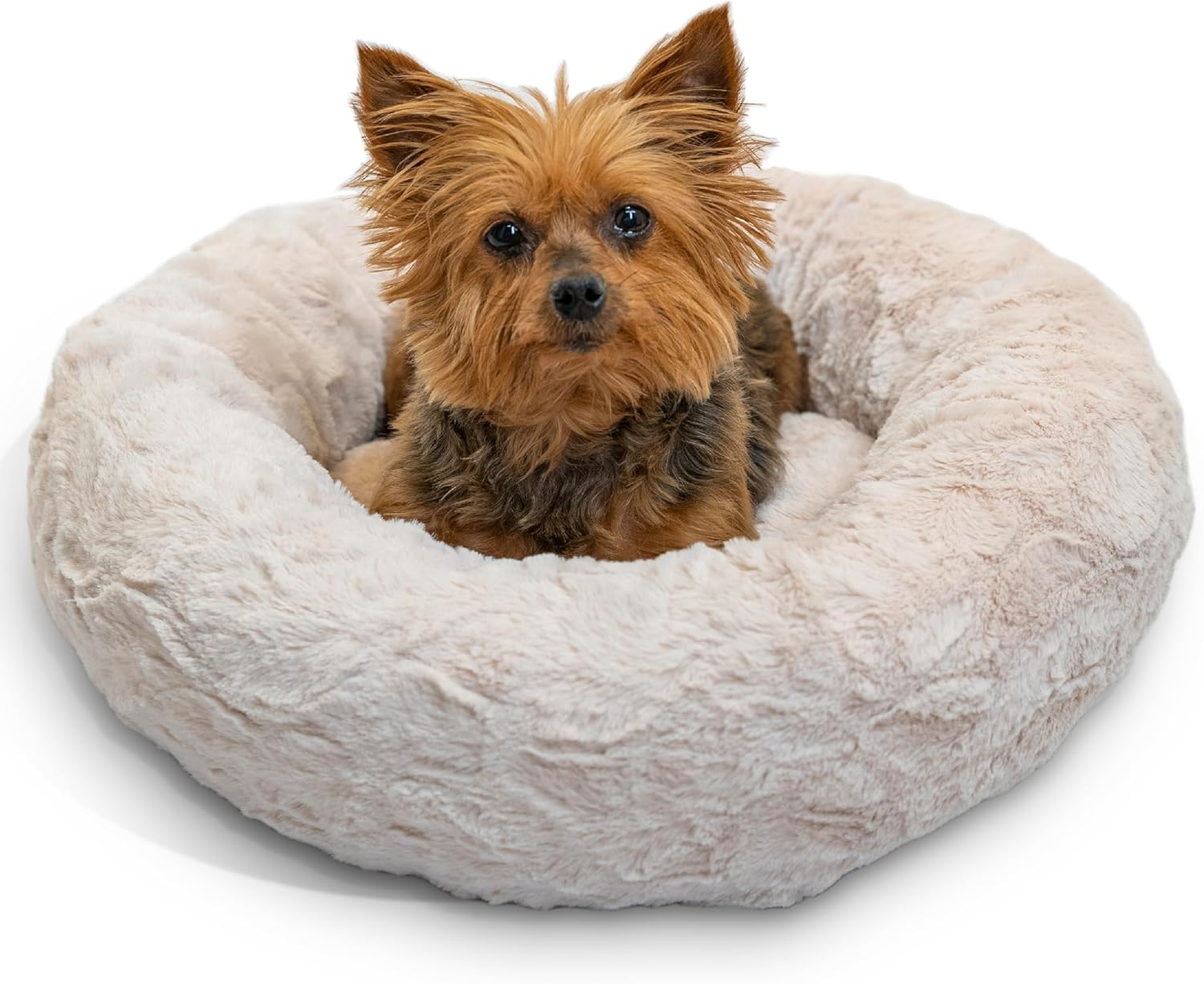Best Friends by Sheri Original Calming Donut Dog and Cat Bed, Shag Faux Fur, Taupe, (23in x 23in) - Anxiety Relief for Pets Up to 25 lbs