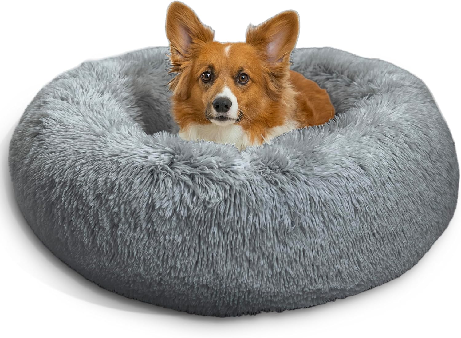 Best Friends by Sheri Original Calming Donut Dog and Cat Bed, Shag Faux Fur, Taupe, (23in x 23in) - Anxiety Relief for Pets Up to 25 lbs