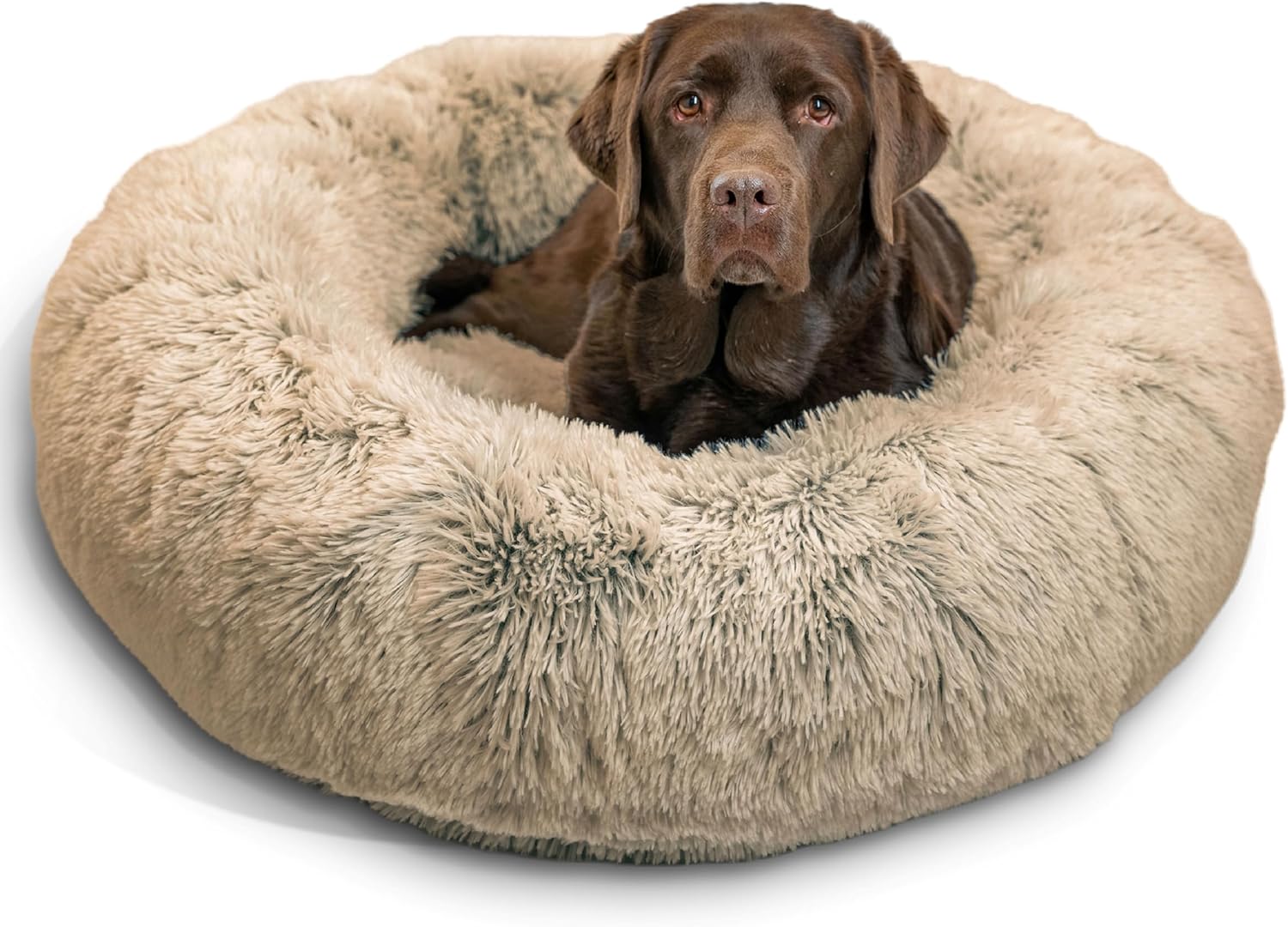 Best Friends by Sheri Original Calming Donut Dog and Cat Bed, Shag Faux Fur, Taupe, (23in x 23in) - Anxiety Relief for Pets Up to 25 lbs