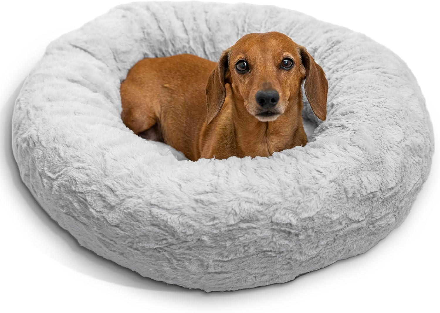 Best Friends by Sheri Original Calming Donut Dog and Cat Bed, Shag Faux Fur, Taupe, (23in x 23in) - Anxiety Relief for Pets Up to 25 lbs