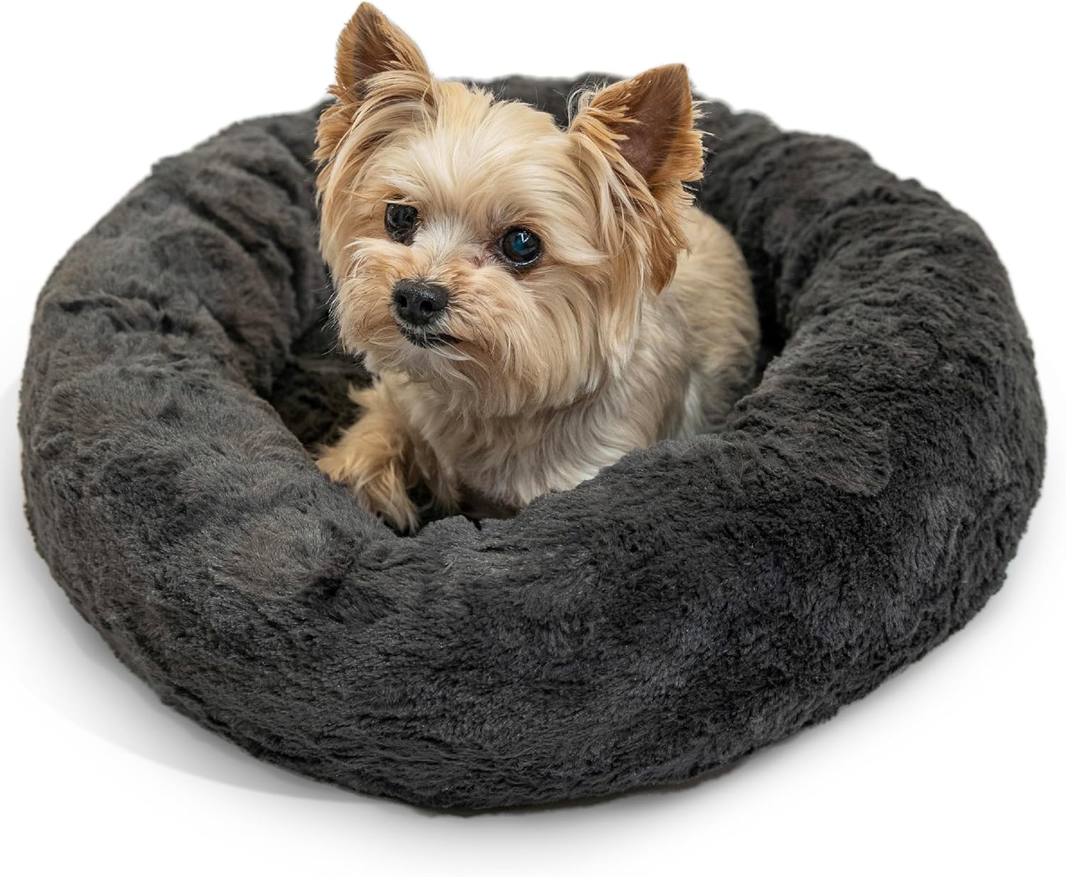 Best Friends by Sheri Original Calming Donut Dog and Cat Bed, Shag Faux Fur, Taupe, (23in x 23in) - Anxiety Relief for Pets Up to 25 lbs