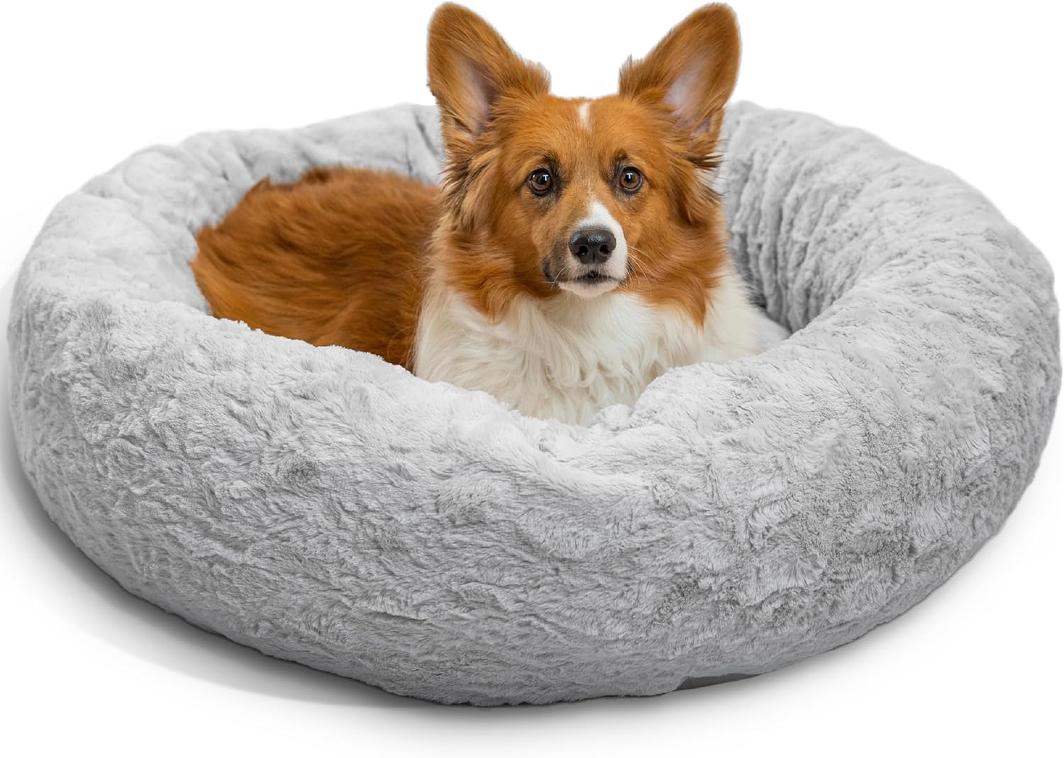 Best Friends by Sheri Original Calming Donut Dog and Cat Bed, Shag Faux Fur, Taupe, (23in x 23in) - Anxiety Relief for Pets Up to 25 lbs